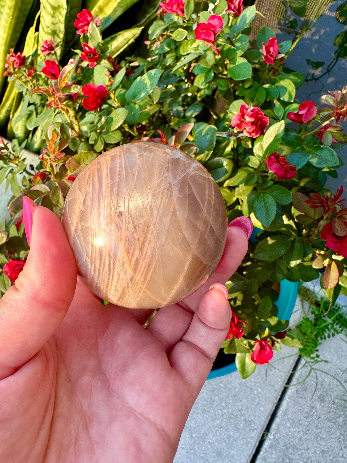 Peach moonstone sphere, 62mm, fertility, balancing, femininy