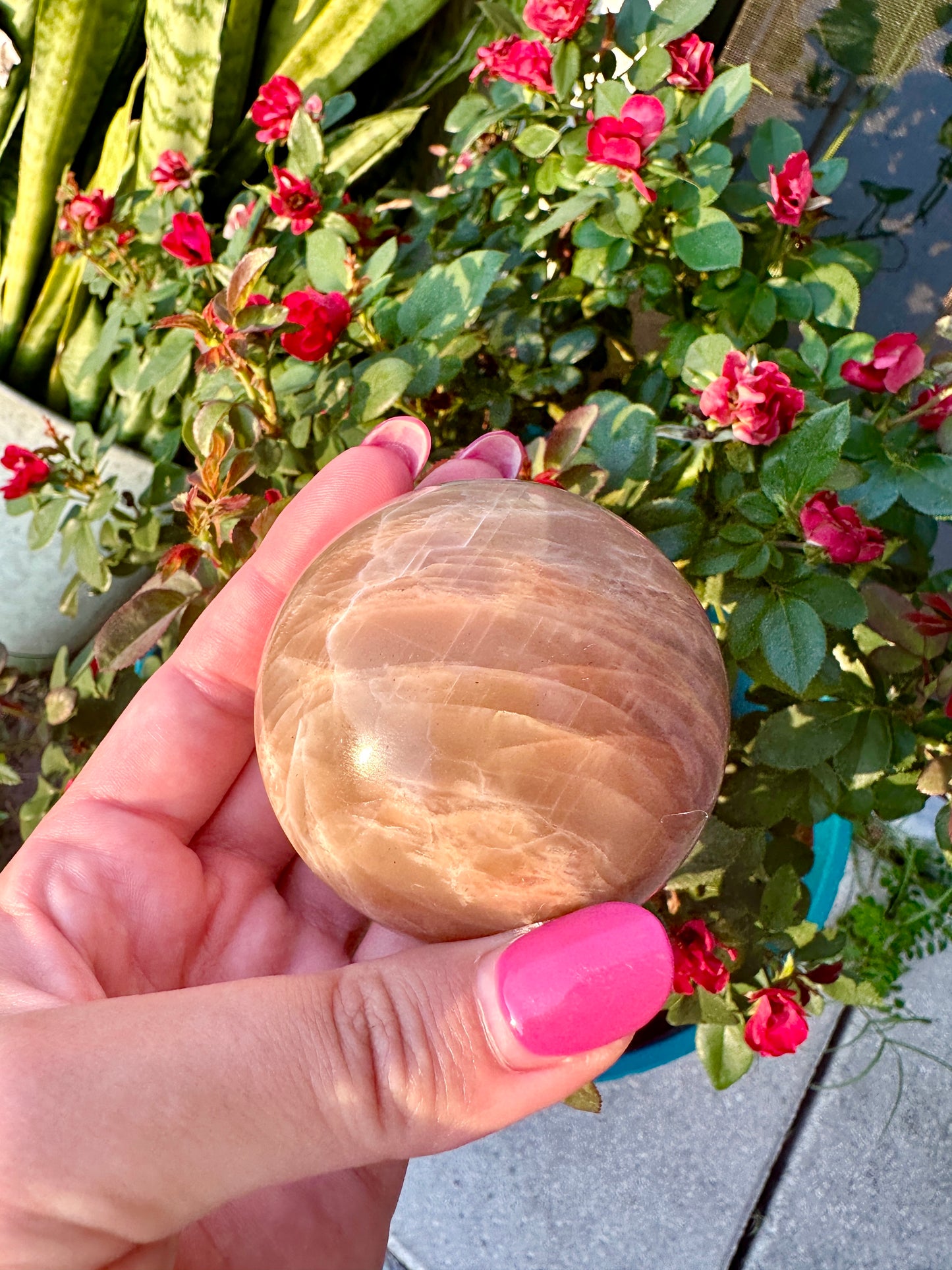 Peach moonstone sphere, 62mm, fertility, balancing, femininy