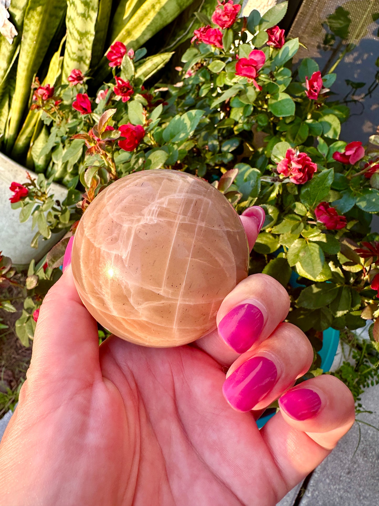 Peach moonstone sphere, 62mm, fertility, balancing, femininy