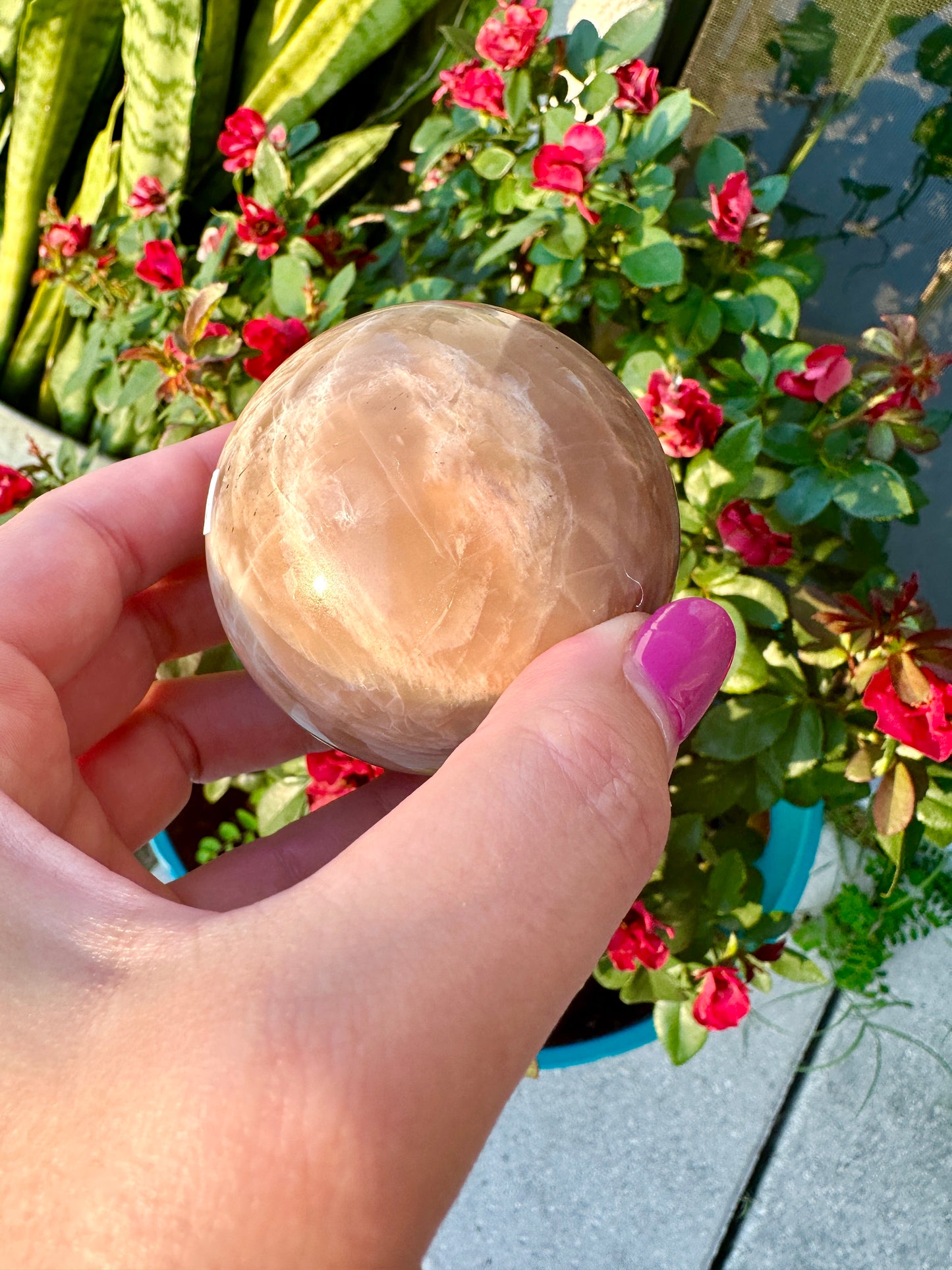 Peach moonstone sphere, 62mm, fertility, balancing, femininy