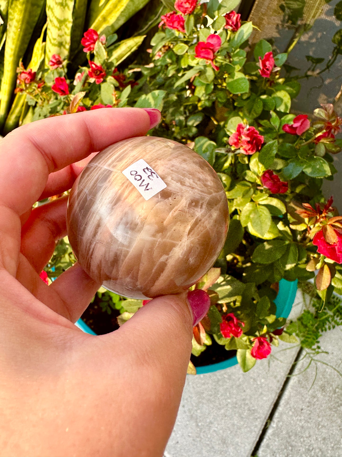 Peach moonstone sphere, 62mm, fertility, balancing, femininy