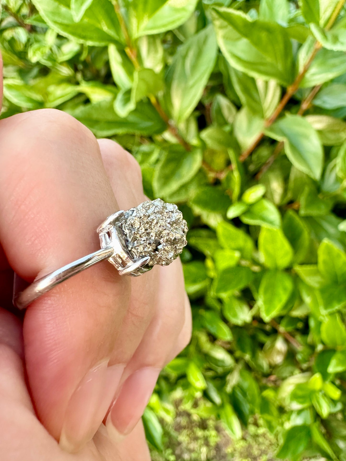Pyrite Adjustable Ring in Silver Plated Brass - Natural Stone Jewelry with Clear Tarnish Resistant Coating, Elegant Artisan Crafted Accessory