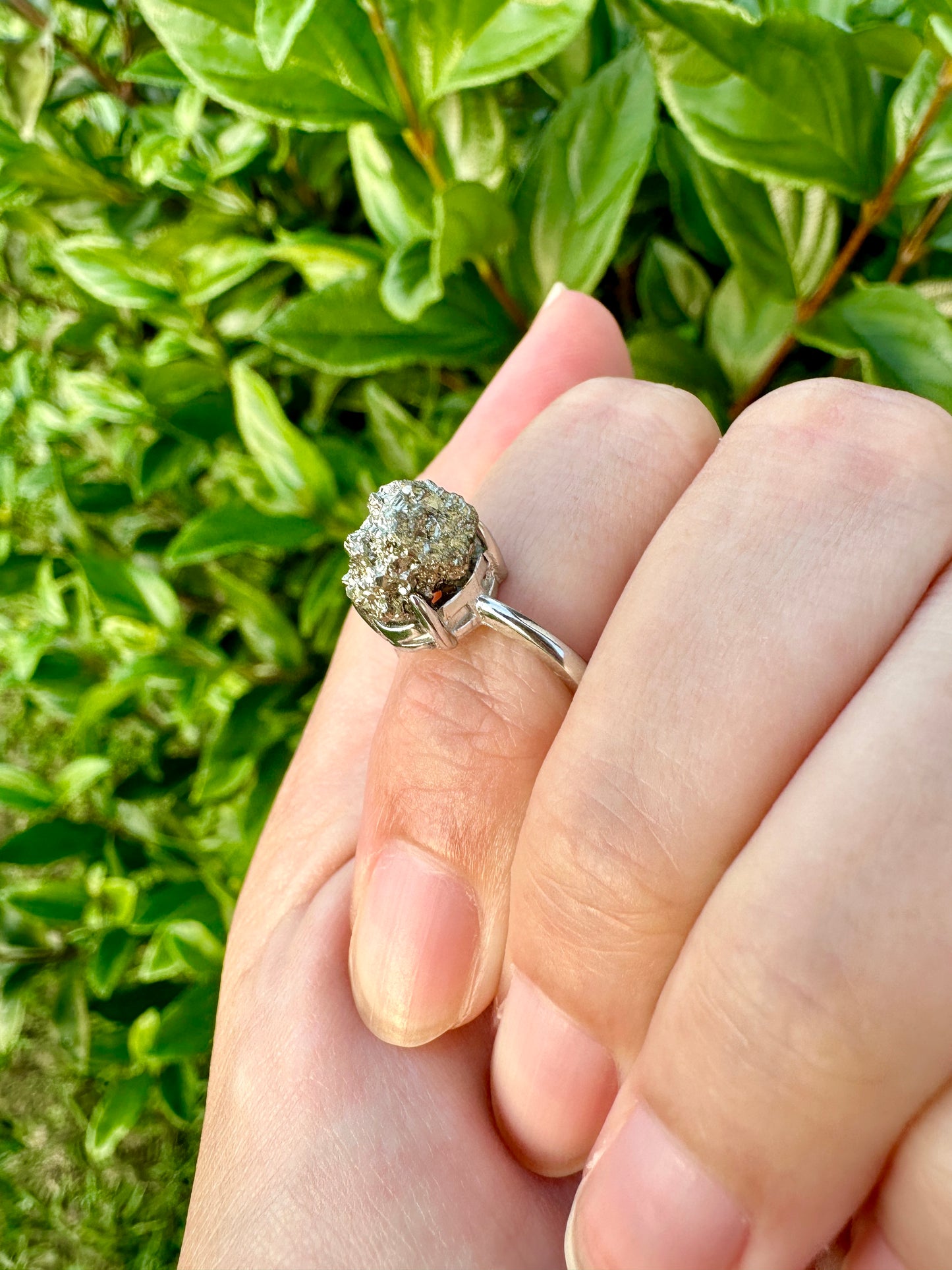 Pyrite Adjustable Ring in Silver Plated Brass - Natural Stone Jewelry with Clear Tarnish Resistant Coating, Elegant Artisan Crafted Accessory