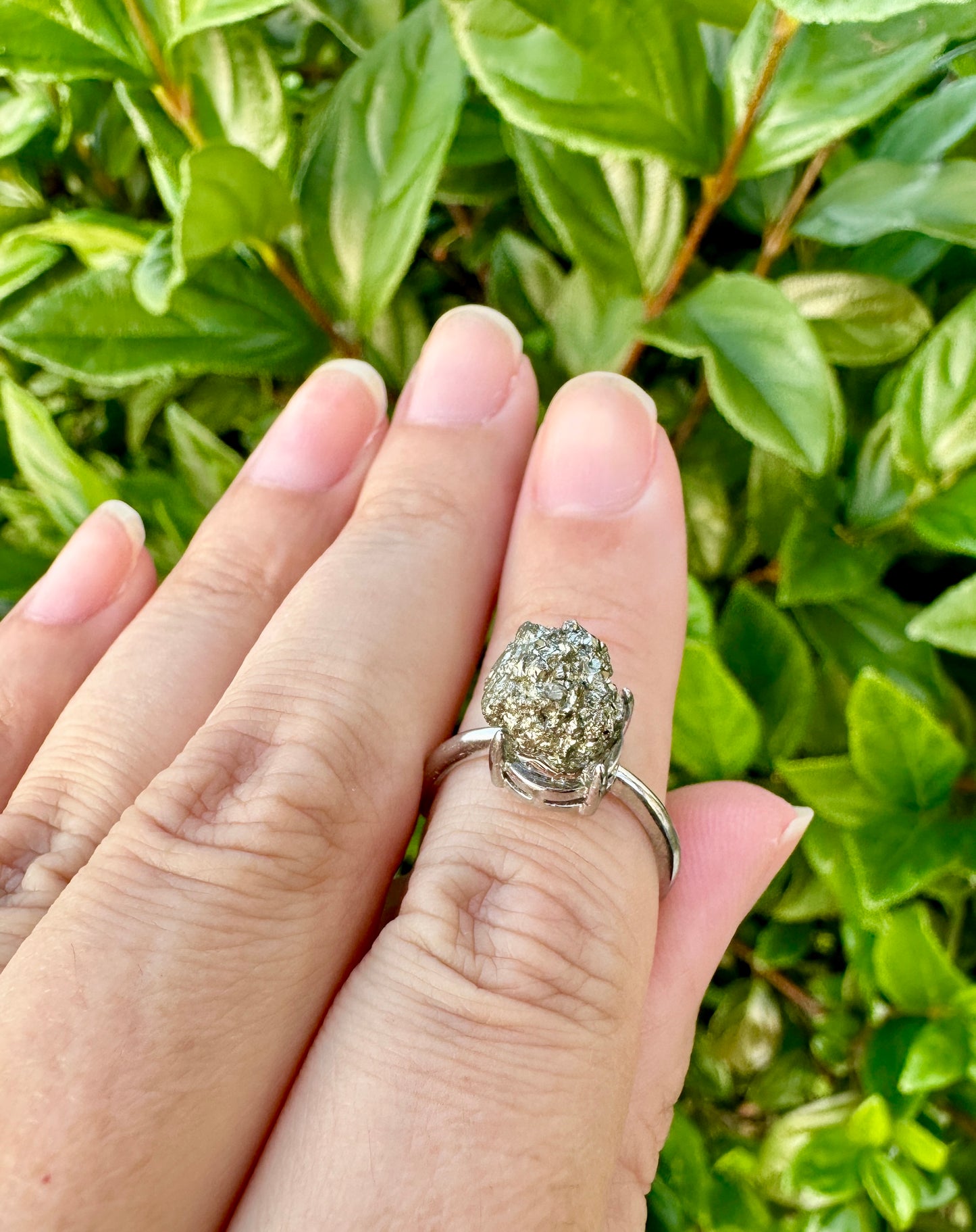 Pyrite Adjustable Ring in Silver Plated Brass - Natural Stone Jewelry with Clear Tarnish Resistant Coating, Elegant Artisan Crafted Accessory