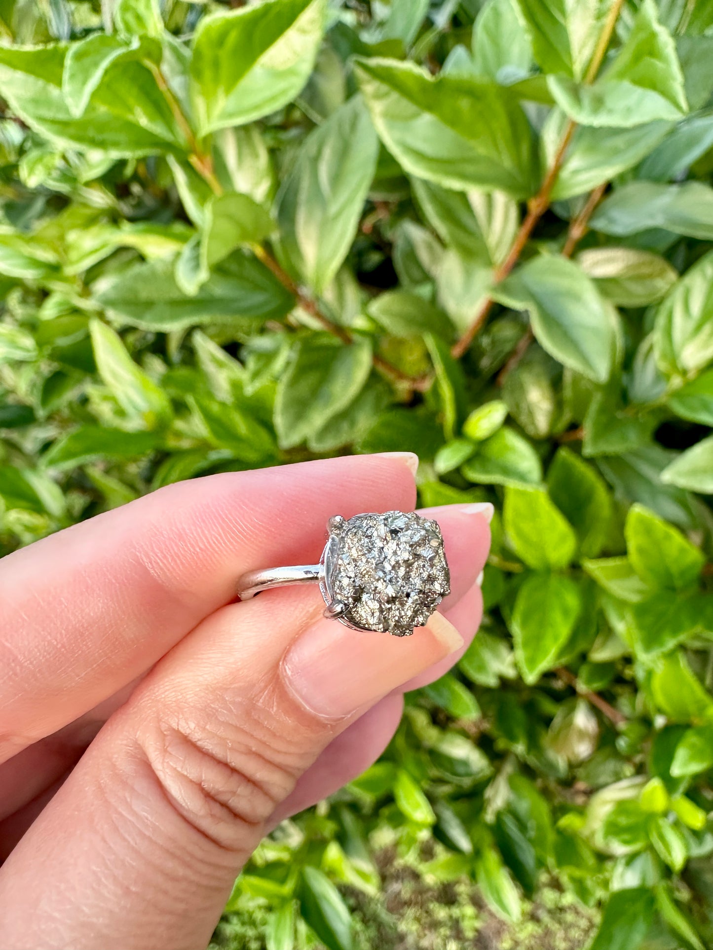 Pyrite Adjustable Ring in Silver Plated Brass - Natural Stone Jewelry with Clear Tarnish Resistant Coating, Elegant Artisan Crafted Accessory