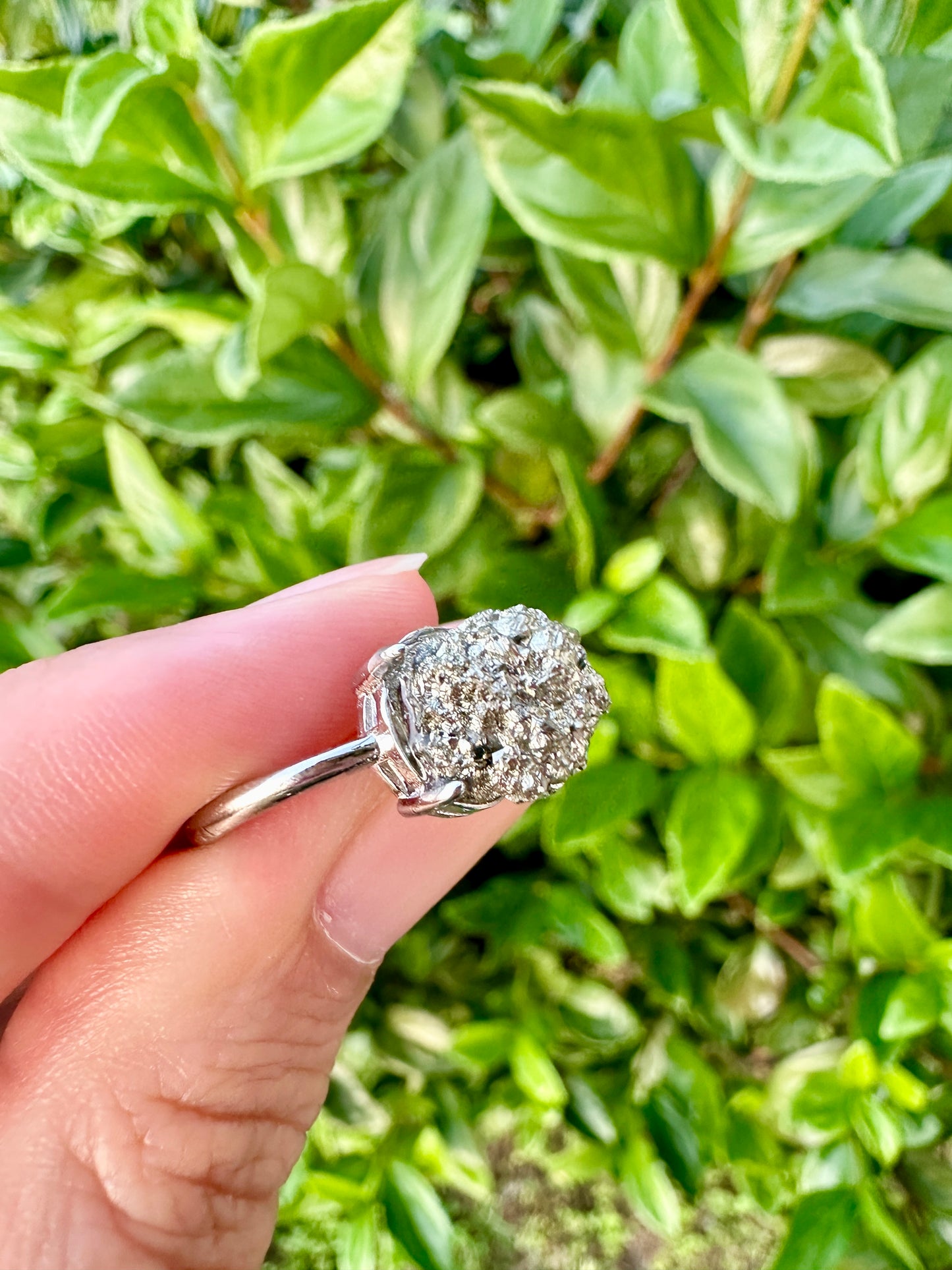 Pyrite Adjustable Ring in Silver Plated Brass - Natural Stone Jewelry with Clear Tarnish Resistant Coating, Elegant Artisan Crafted Accessory
