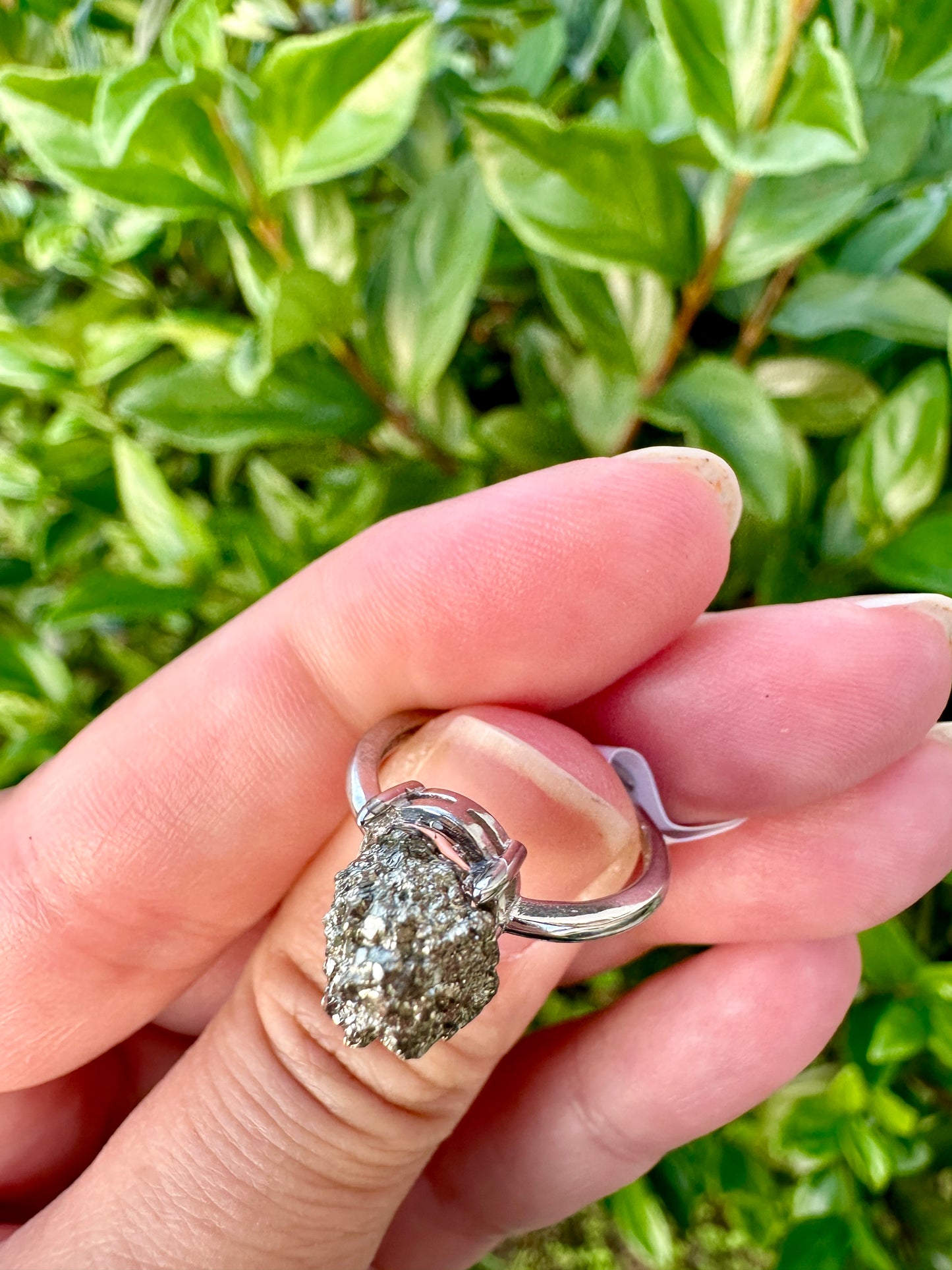 Pyrite Adjustable Ring in Silver Plated Brass - Natural Stone Jewelry with Clear Tarnish Resistant Coating, Elegant Artisan Crafted Accessory