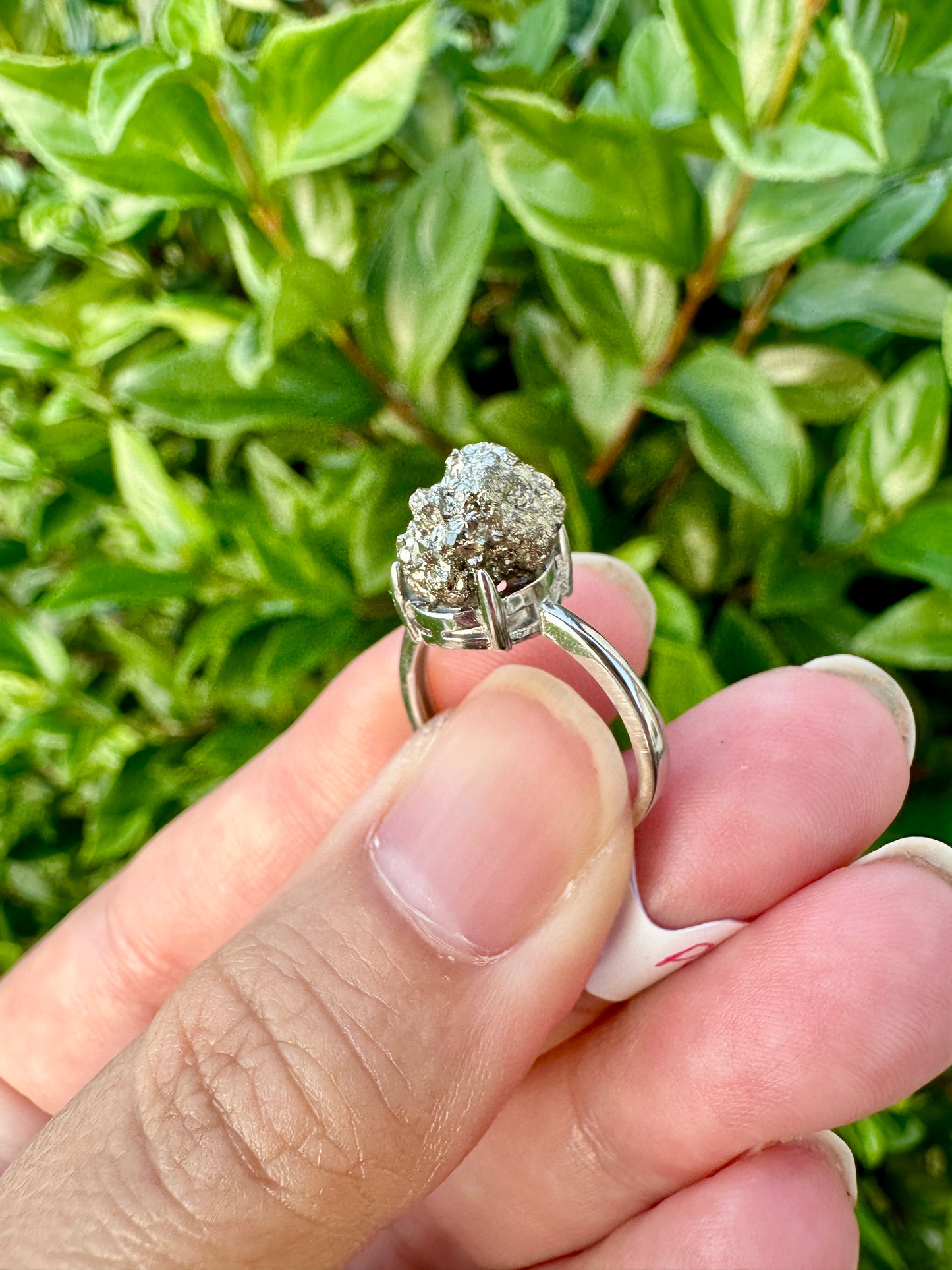 Pyrite Adjustable Ring in Silver Plated Brass - Natural Stone Jewelry with Clear Tarnish Resistant Coating, Elegant Artisan Crafted Accessory