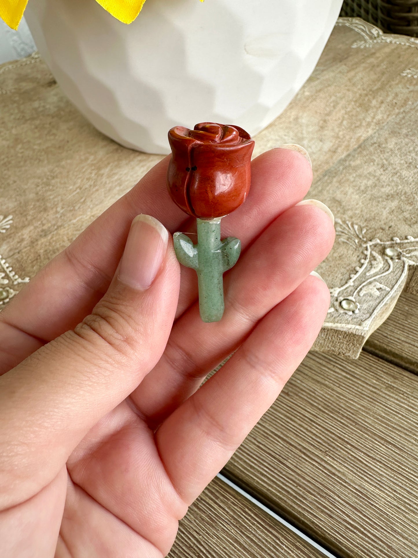 Beautiful Red Jasper Rose on Green Aventurine Stem Carving - Natural Healing Crystal Sculpture for Home Decor and Gift Giving