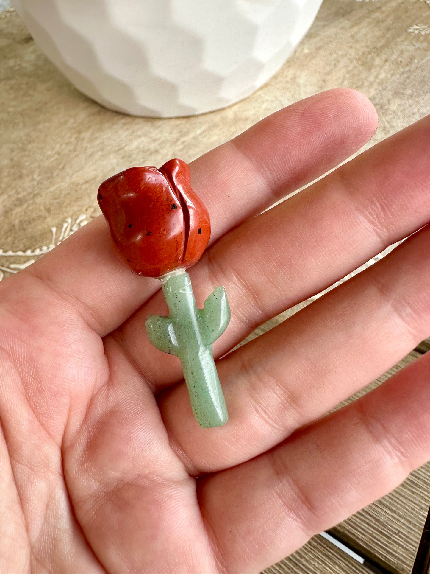 Beautiful Red Jasper Rose on Green Aventurine Stem Carving - Natural Healing Crystal Sculpture for Home Decor and Gift Giving