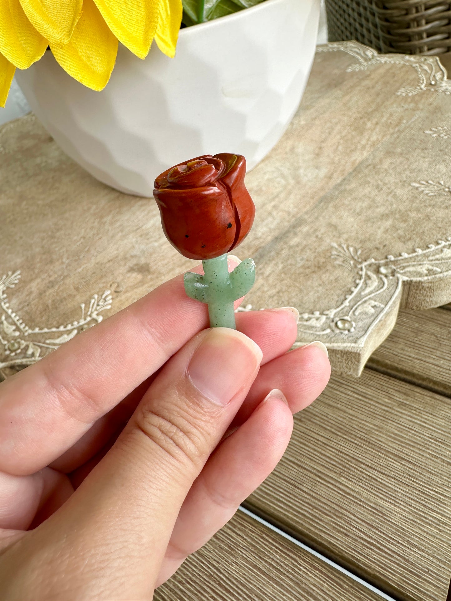 Beautiful Red Jasper Rose on Green Aventurine Stem Carving - Natural Healing Crystal Sculpture for Home Decor and Gift Giving