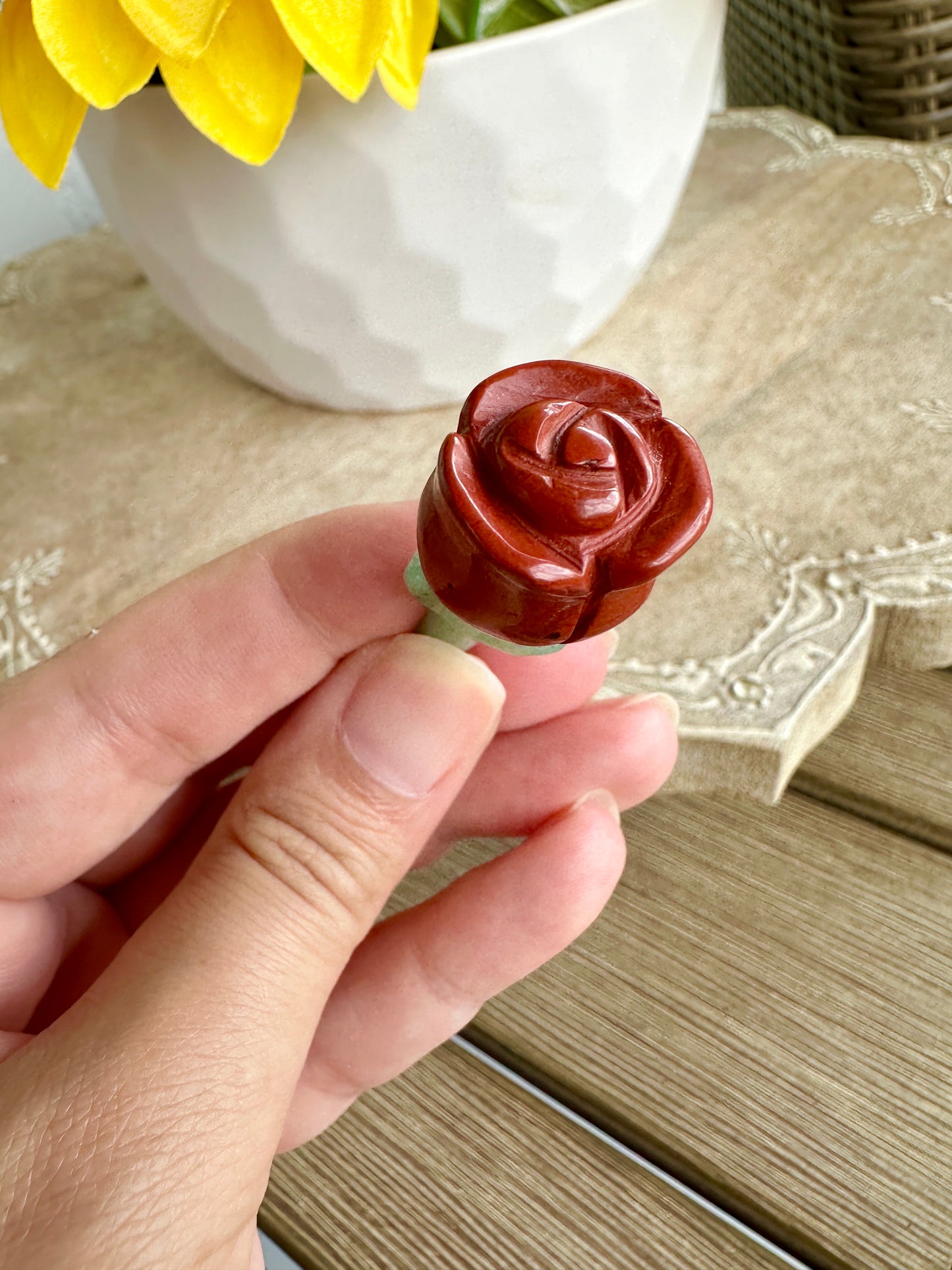 Beautiful Red Jasper Rose on Green Aventurine Stem Carving - Natural Healing Crystal Sculpture for Home Decor and Gift Giving
