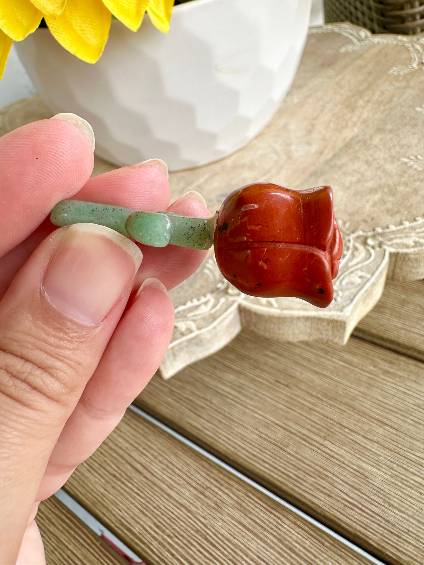 Beautiful Red Jasper Rose on Green Aventurine Stem Carving - Natural Healing Crystal Sculpture for Home Decor and Gift Giving