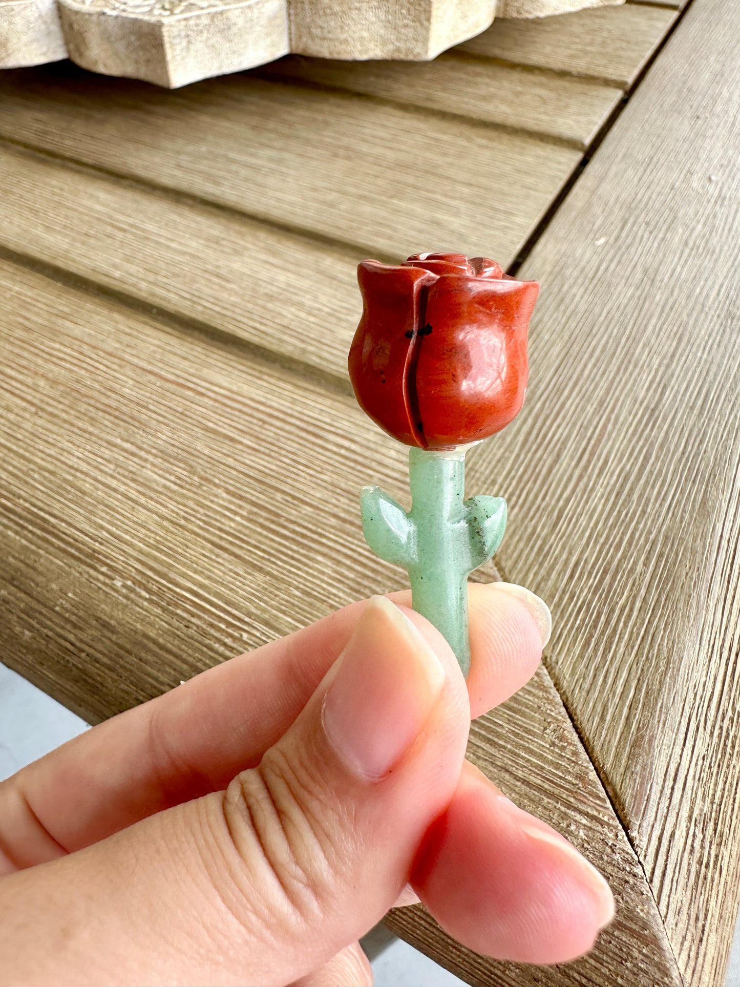 Beautiful Red Jasper Rose on Green Aventurine Stem Carving - Natural Healing Crystal Sculpture for Home Decor and Gift Giving