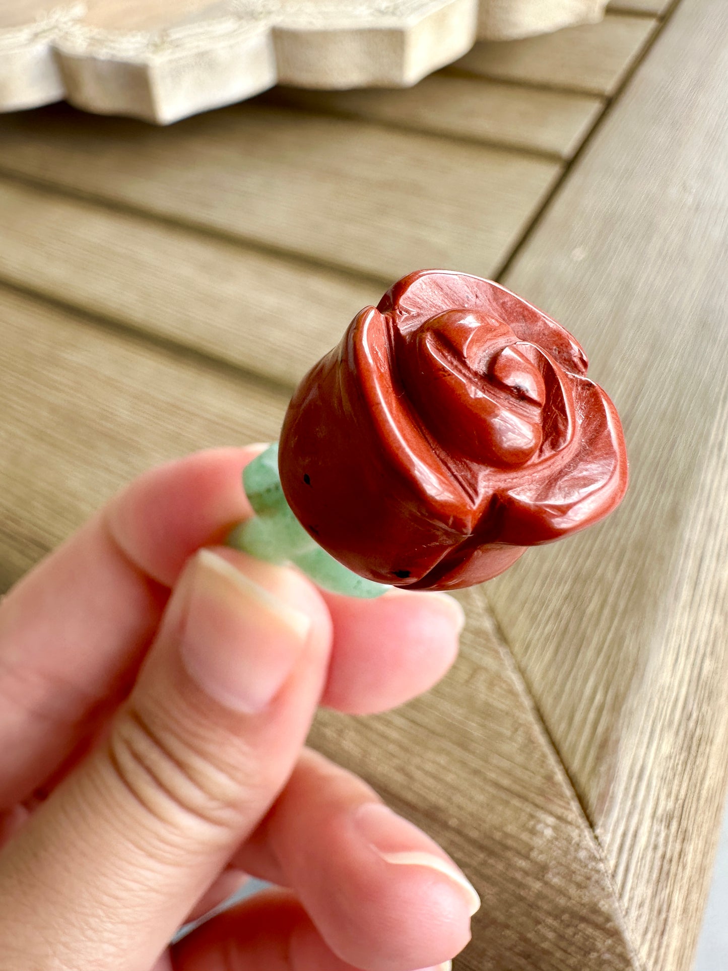 Beautiful Red Jasper Rose on Green Aventurine Stem Carving - Natural Healing Crystal Sculpture for Home Decor and Gift Giving