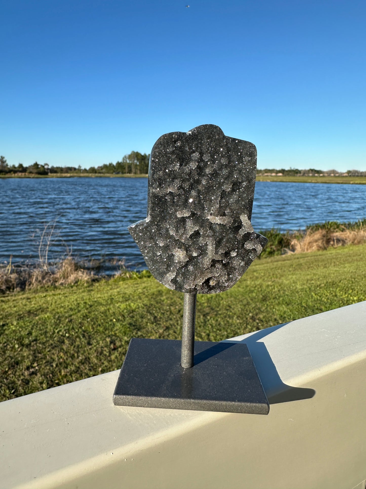 Druzy Amethyst Hamsa Hand on Stand from Uruguay - Protective Energy and Spiritual Tranquility Decor, Unique Amethyst Piece