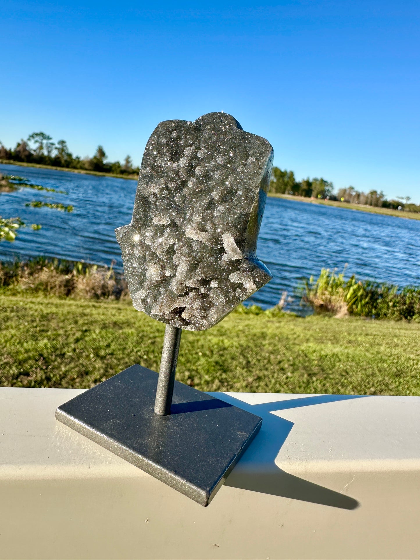Druzy Amethyst Hamsa Hand on Stand from Uruguay - Protective Energy and Spiritual Tranquility Decor, Unique Amethyst Piece