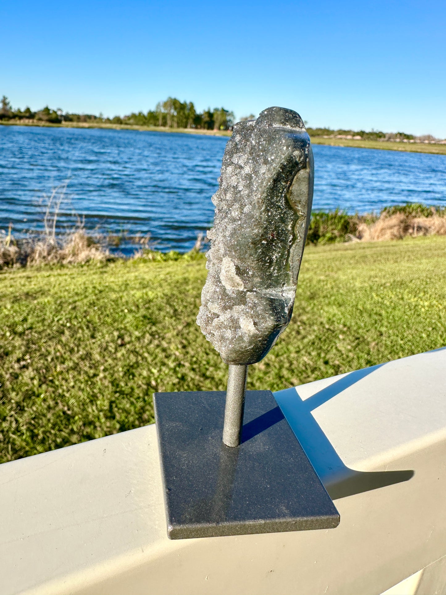 Druzy Amethyst Hamsa Hand on Stand from Uruguay - Protective Energy and Spiritual Tranquility Decor, Unique Amethyst Piece