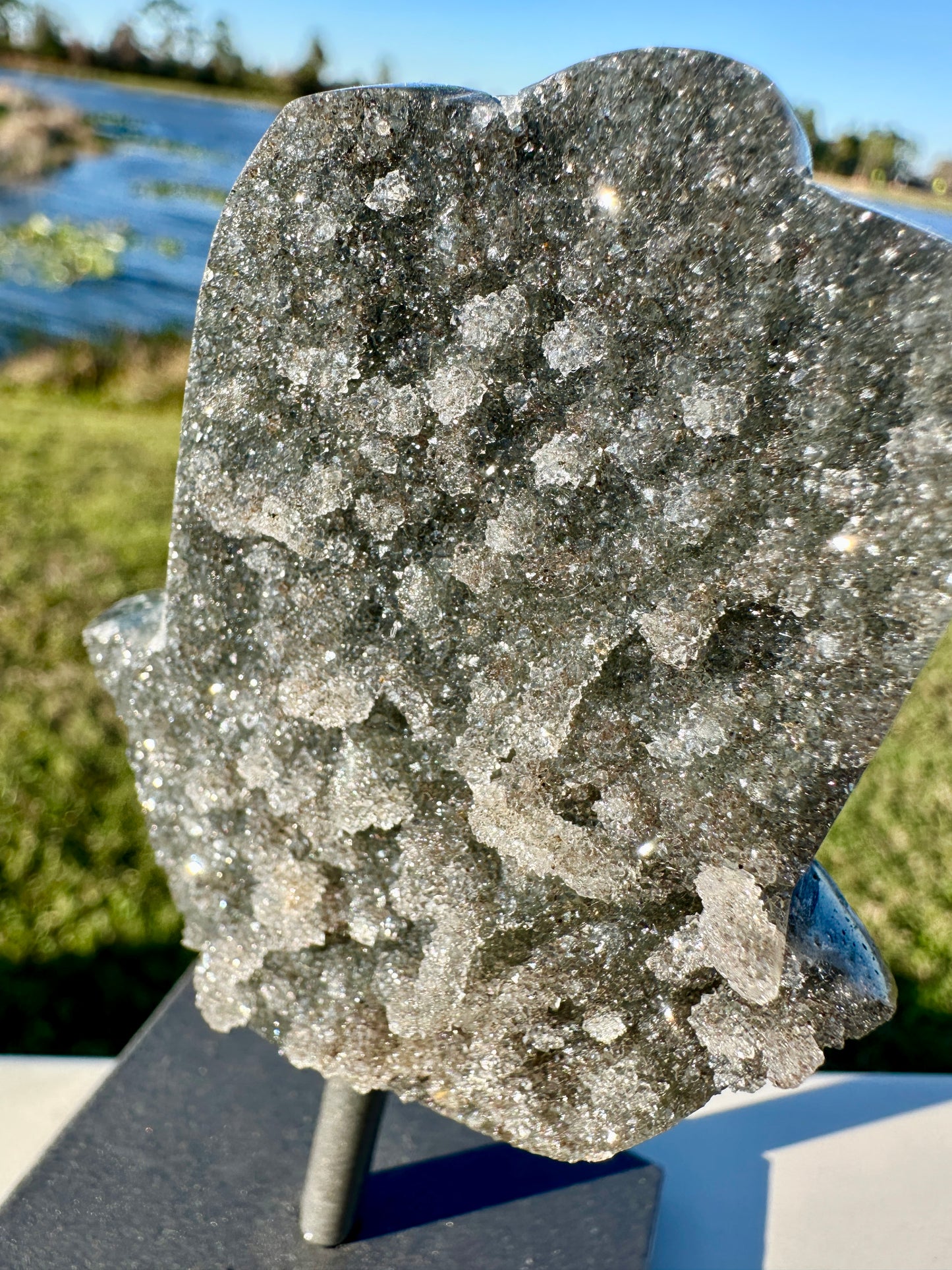 Druzy Amethyst Hamsa Hand on Stand from Uruguay - Protective Energy and Spiritual Tranquility Decor, Unique Amethyst Piece