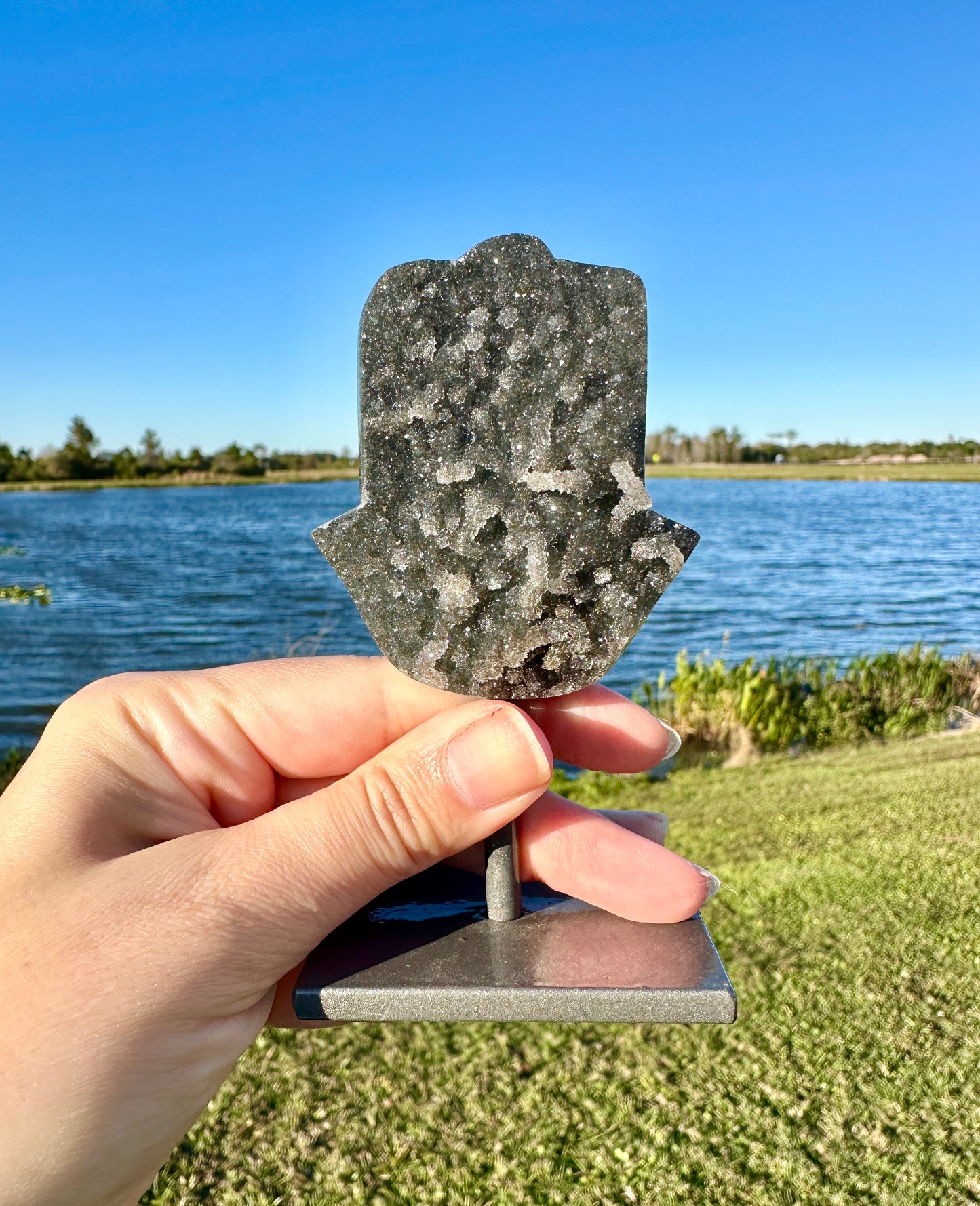 Druzy Amethyst Hamsa Hand on Stand from Uruguay - Protective Energy and Spiritual Tranquility Decor, Unique Amethyst Piece