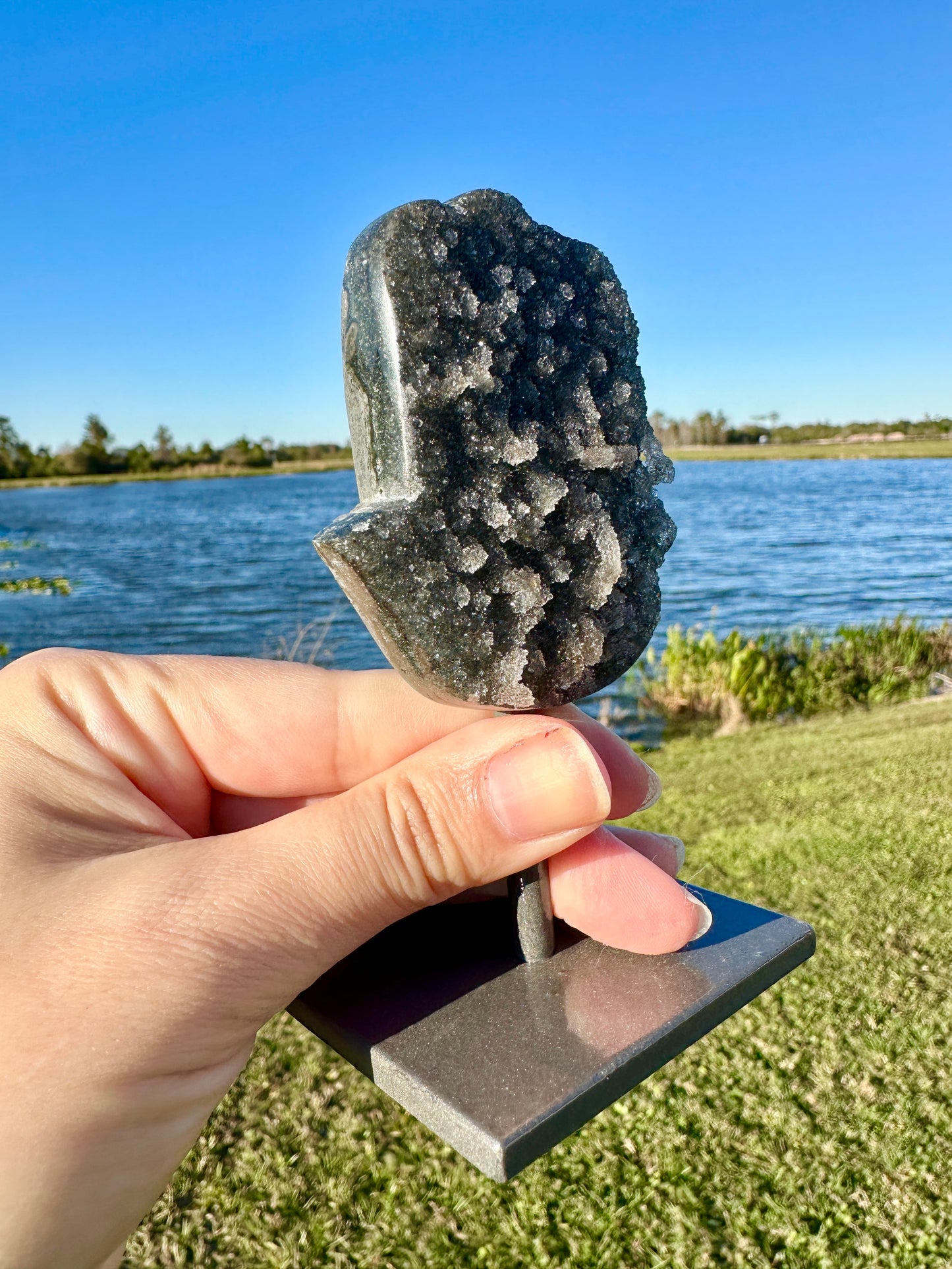 Druzy Amethyst Hamsa Hand on Stand from Uruguay - Protective Energy and Spiritual Tranquility Decor, Unique Amethyst Piece