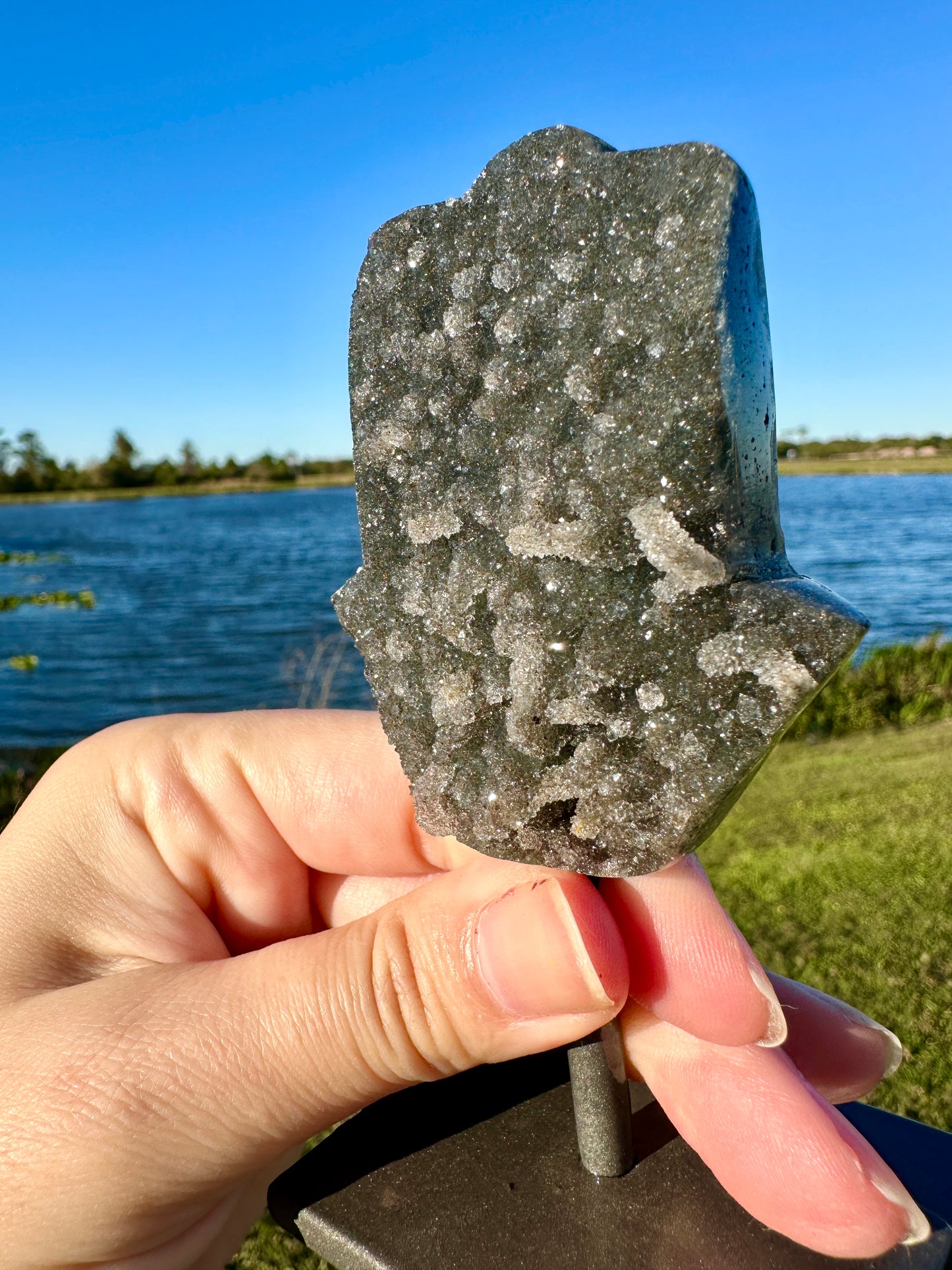 Druzy Amethyst Hamsa Hand on Stand from Uruguay - Protective Energy and Spiritual Tranquility Decor, Unique Amethyst Piece