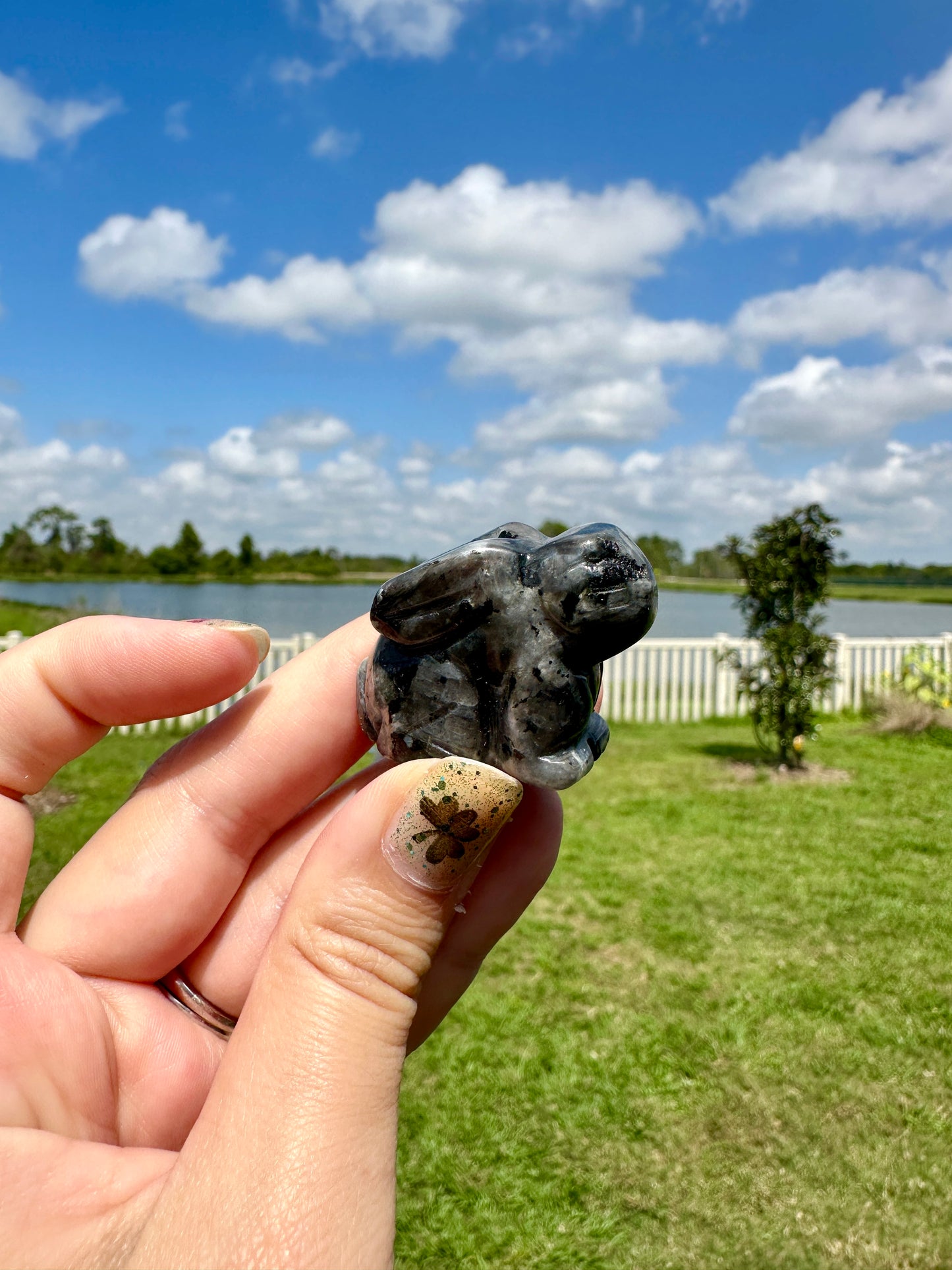 Larvikite Rabbit Carving - Unique Home Decor, Handcrafted Stone Bunny, Perfect Gift for Nature Lovers, Mystic Animal Figurine