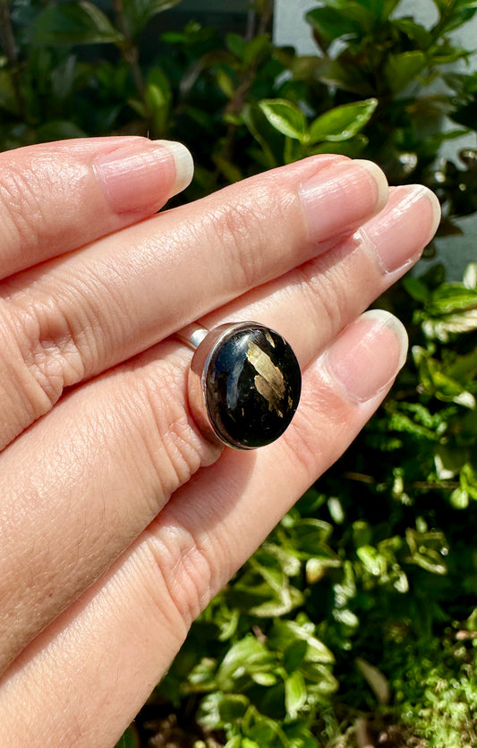 Sterling Silver Nuummite Ring, Size 7.25, Unique Crystal Statement Ring, Natural Gemstone Jewelry, Silver Ring for Women