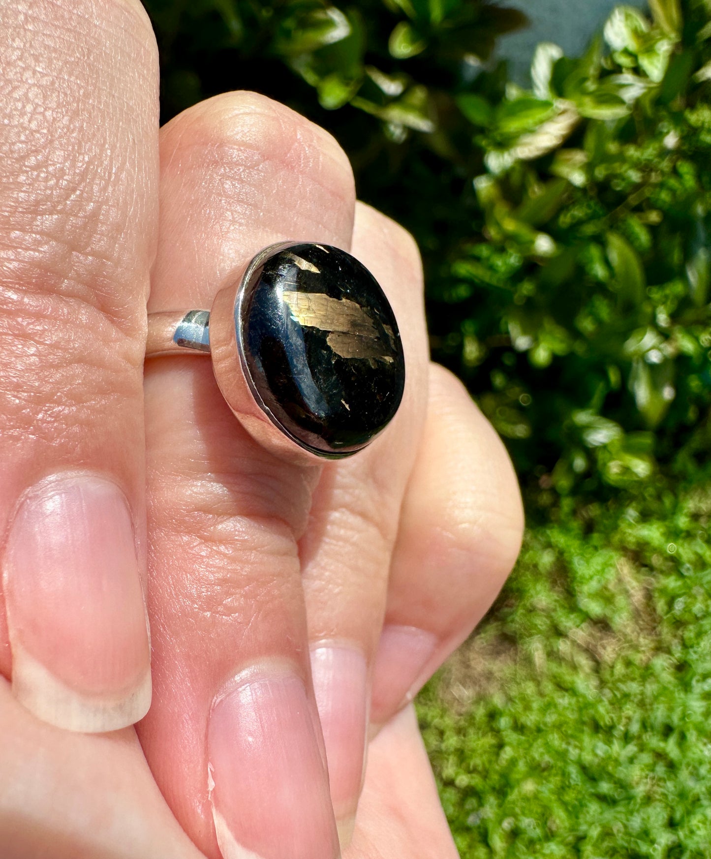 Sterling Silver Nuummite Ring, Size 7.25, Unique Crystal Statement Ring, Natural Gemstone Jewelry, Silver Ring for Women