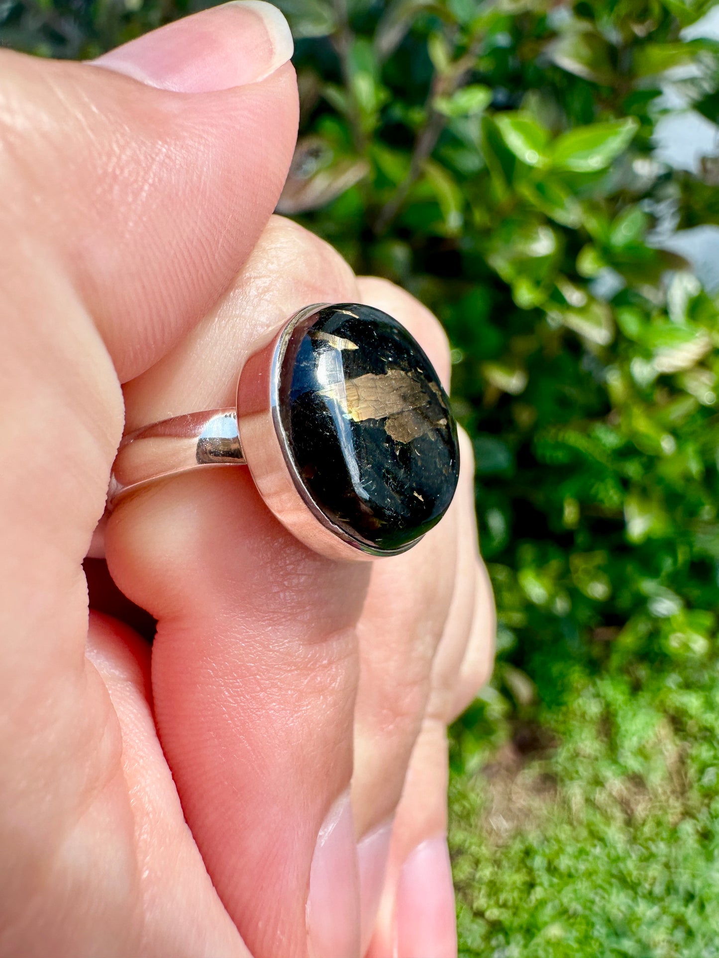 Sterling Silver Nuummite Ring, Size 7.25, Unique Crystal Statement Ring, Natural Gemstone Jewelry, Silver Ring for Women