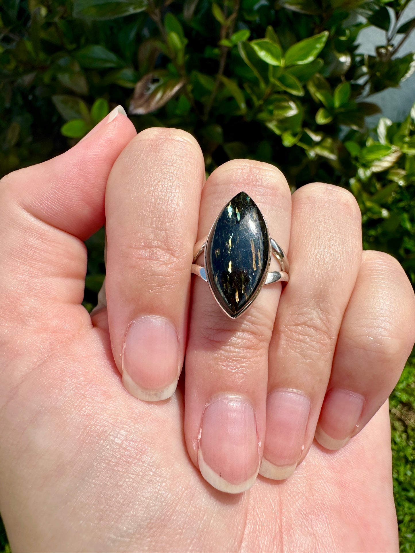 Sterling Silver Nuummite Ring, Size 7.25, Unique Crystal Statement Ring, Natural Gemstone Jewelry, Silver Ring for Women