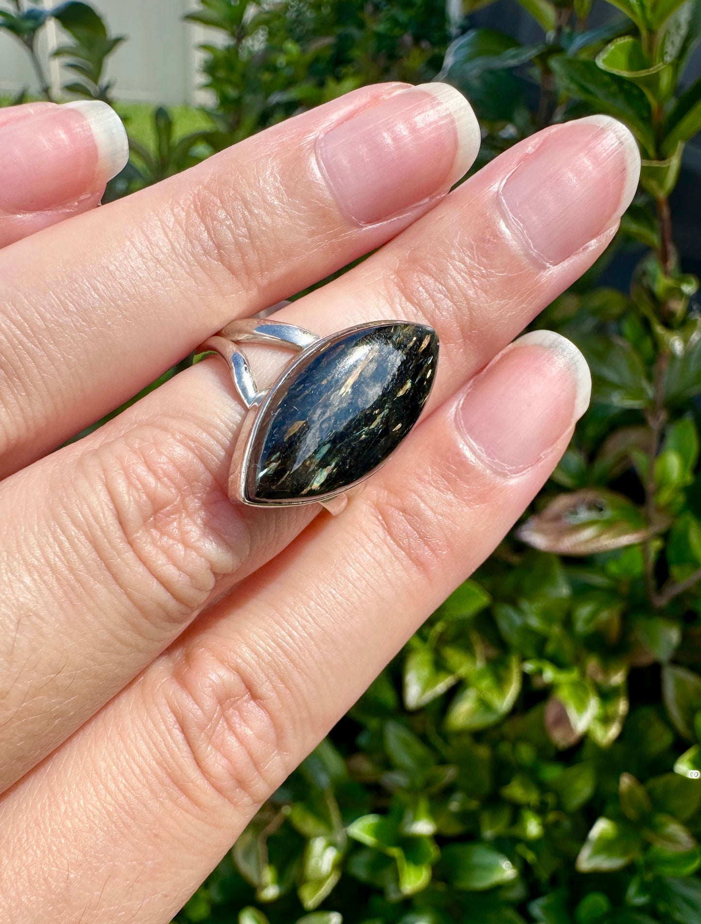 Sterling Silver Nuummite Ring, Size 7.25, Unique Crystal Statement Ring, Natural Gemstone Jewelry, Silver Ring for Women