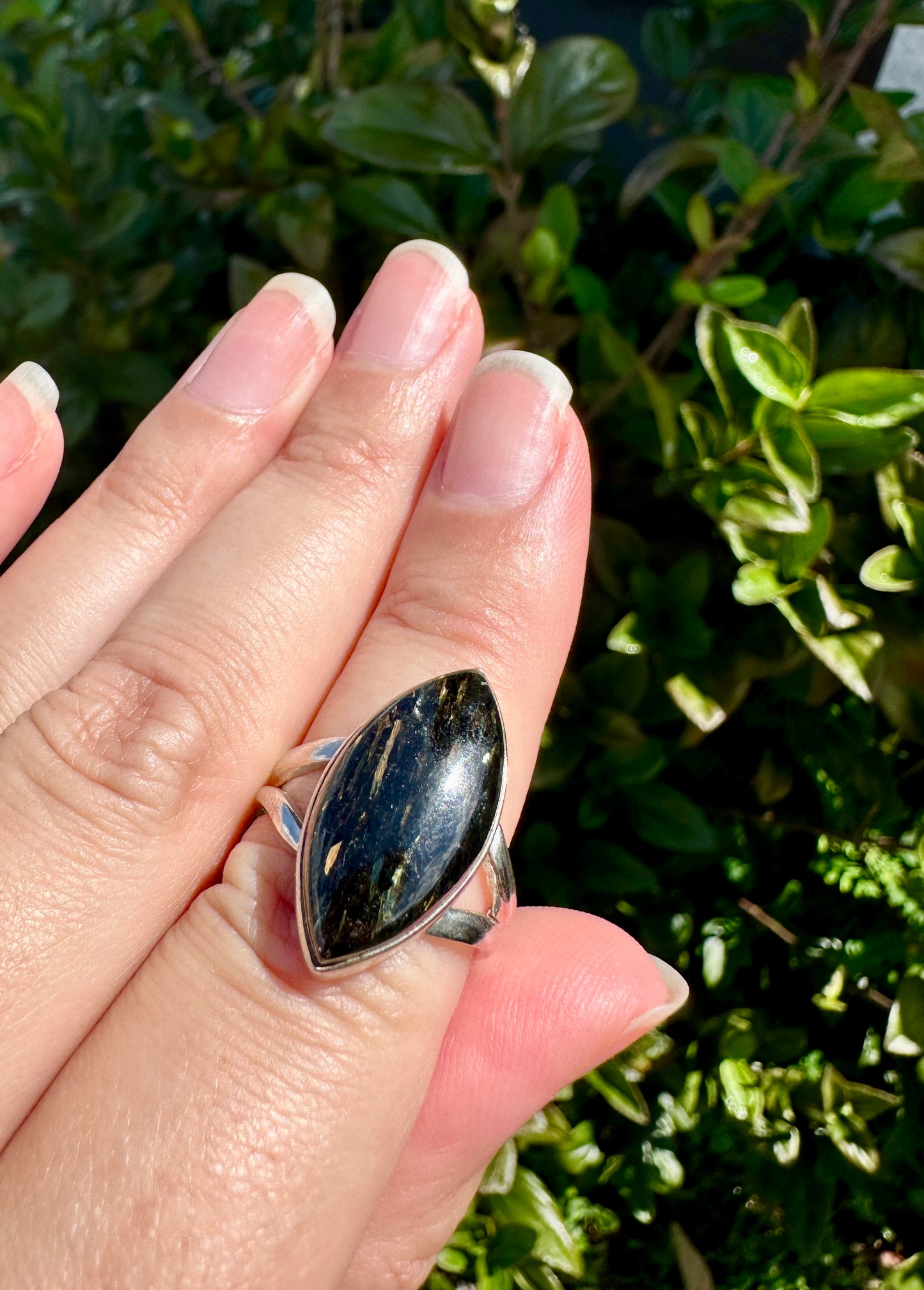 Sterling Silver Nuummite Ring, Size 7.25, Unique Crystal Statement Ring, Natural Gemstone Jewelry, Silver Ring for Women