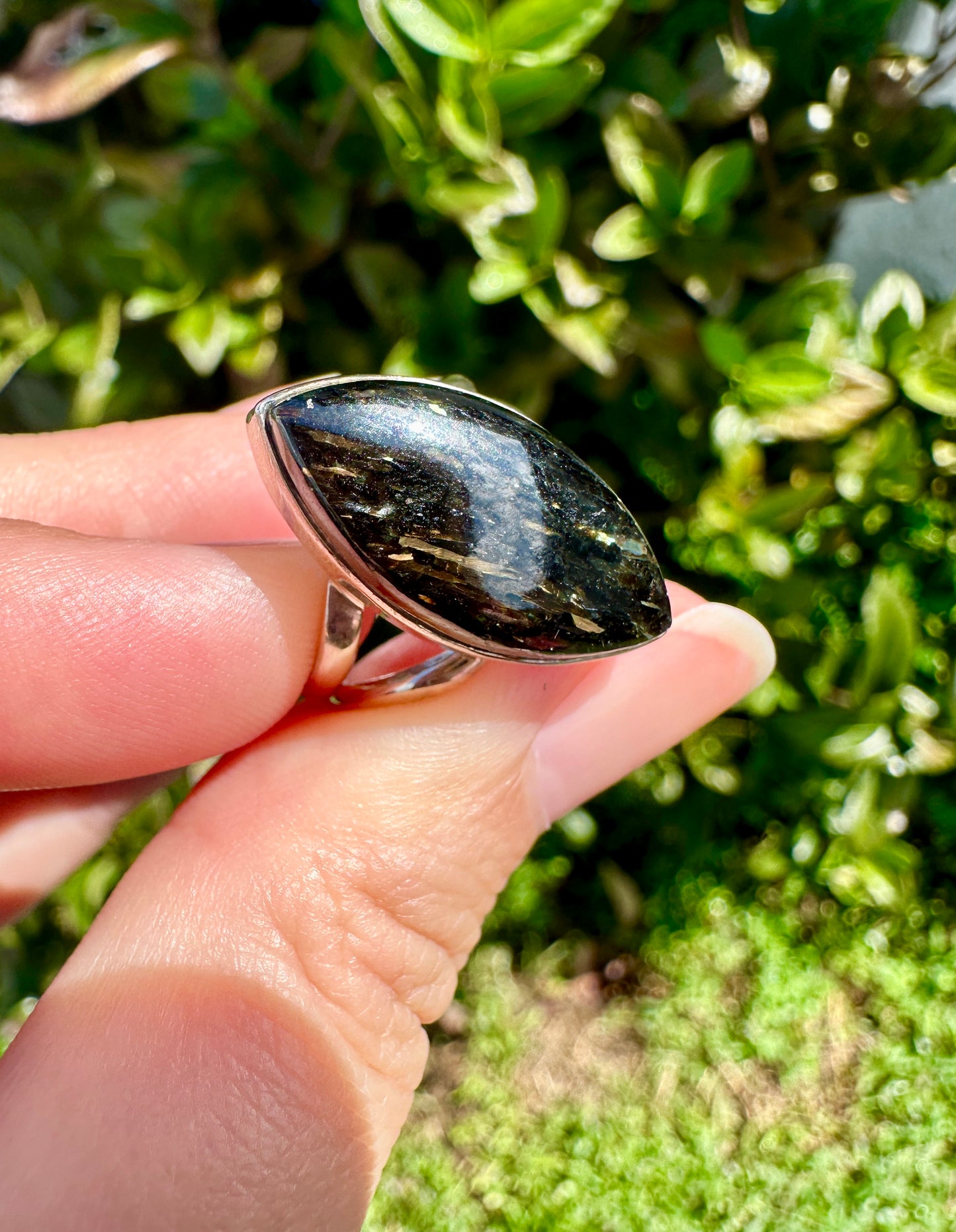 Sterling Silver Nuummite Ring, Size 7.25, Unique Crystal Statement Ring, Natural Gemstone Jewelry, Silver Ring for Women