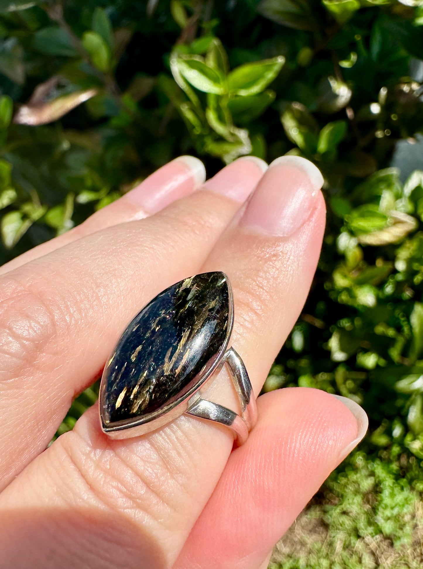 Sterling Silver Nuummite Ring, Size 7.25, Unique Crystal Statement Ring, Natural Gemstone Jewelry, Silver Ring for Women