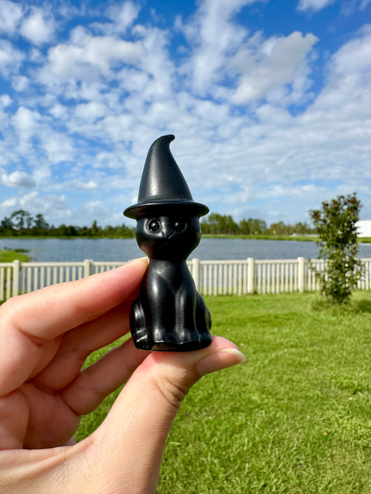 Black Obsidian Cat Witch Carving - Magical Feline Sculpture for Witchy Decor, Spiritual Protection, Altar, Gift for Cat Lovers