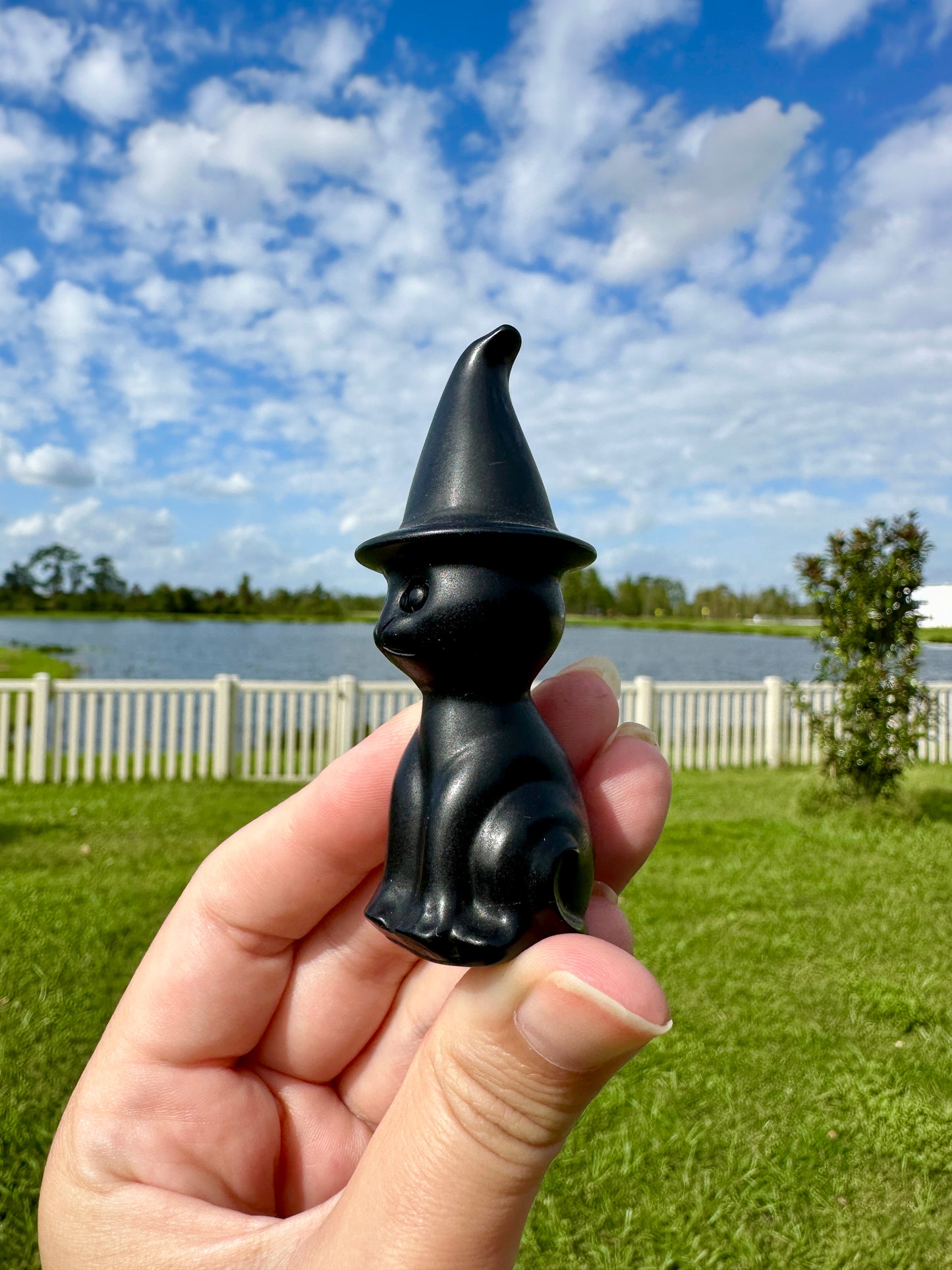 Black Obsidian Cat Witch Carving - Magical Feline Sculpture for Witchy Decor, Spiritual Protection, Altar, Gift for Cat Lovers