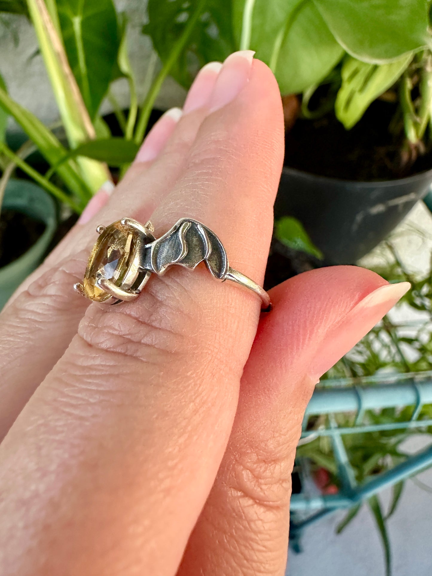 Sterling Silver Faceted Citrine Adjustable Bat Ring – Witchy Jewelry, Gothic Halloween Ring, Spiritual Crystal Bat Accessory, Citrine Gift for Her