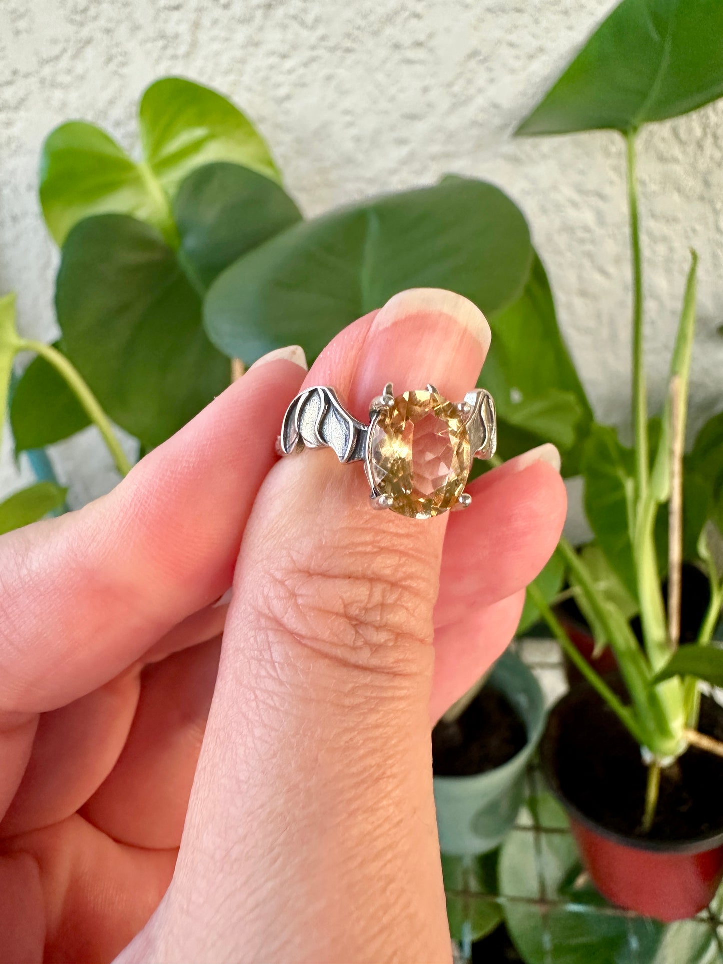 Sterling Silver Faceted Citrine Adjustable Bat Ring – Witchy Jewelry, Gothic Halloween Ring, Spiritual Crystal Bat Accessory, Citrine Gift for Her