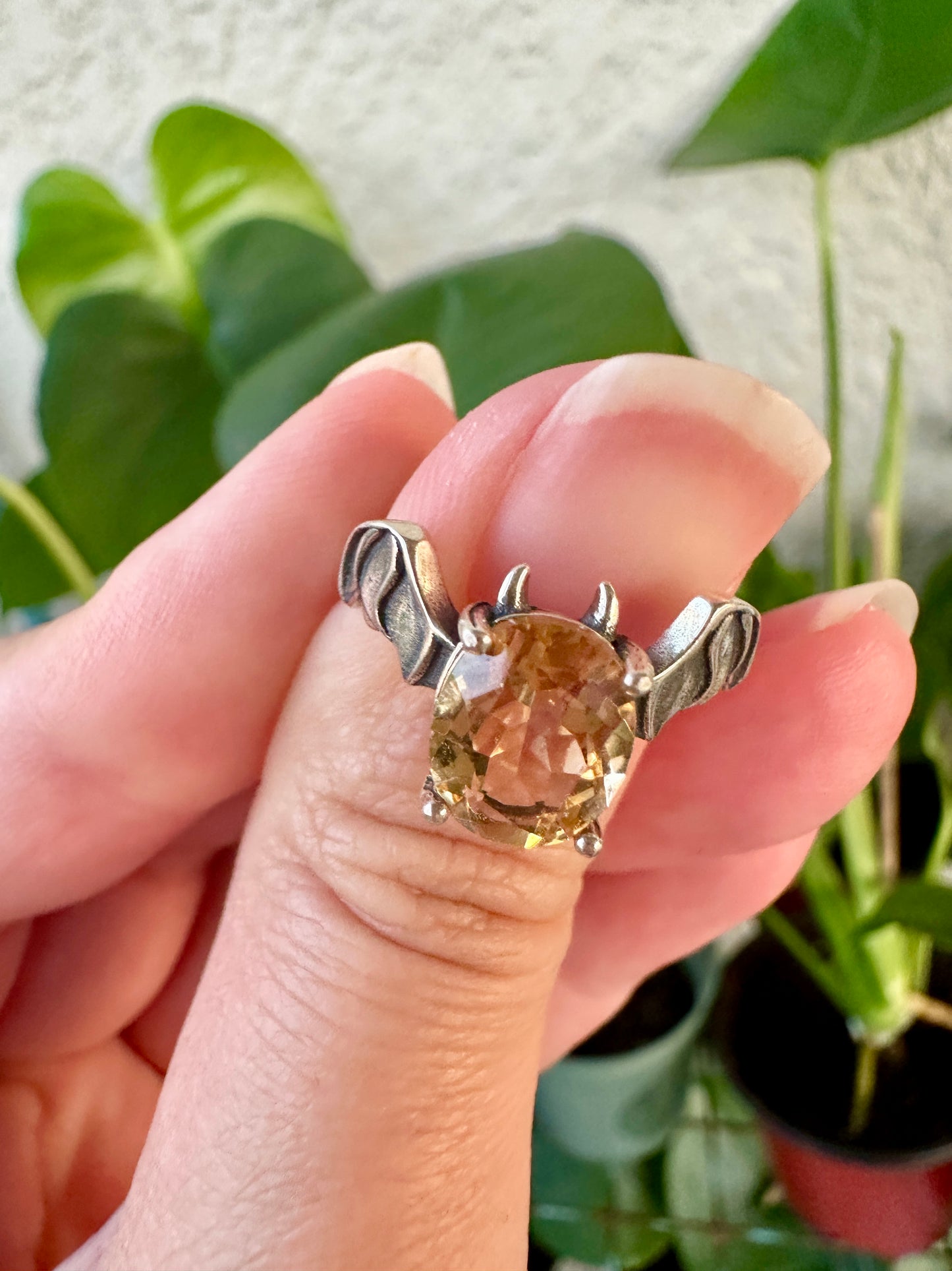 Sterling Silver Faceted Citrine Adjustable Bat Ring – Witchy Jewelry, Gothic Halloween Ring, Spiritual Crystal Bat Accessory, Citrine Gift for Her