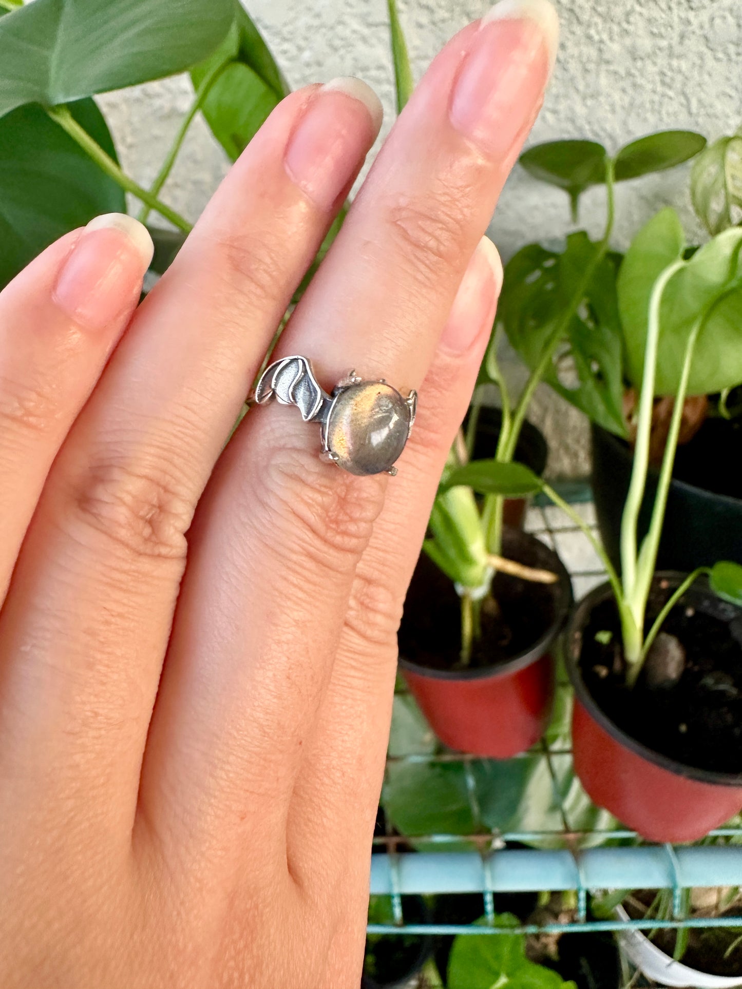 Sterling Silver Faceted Moonstone Adjustable Bat Ring – Gothic Bat Jewelry, Witchy Crystal Ring, Halloween Accessory, Moonstone Gift for Her