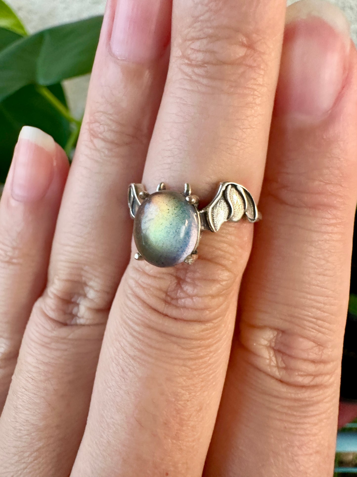 Sterling Silver Faceted Moonstone Adjustable Bat Ring – Gothic Bat Jewelry, Witchy Crystal Ring, Halloween Accessory, Moonstone Gift for Her