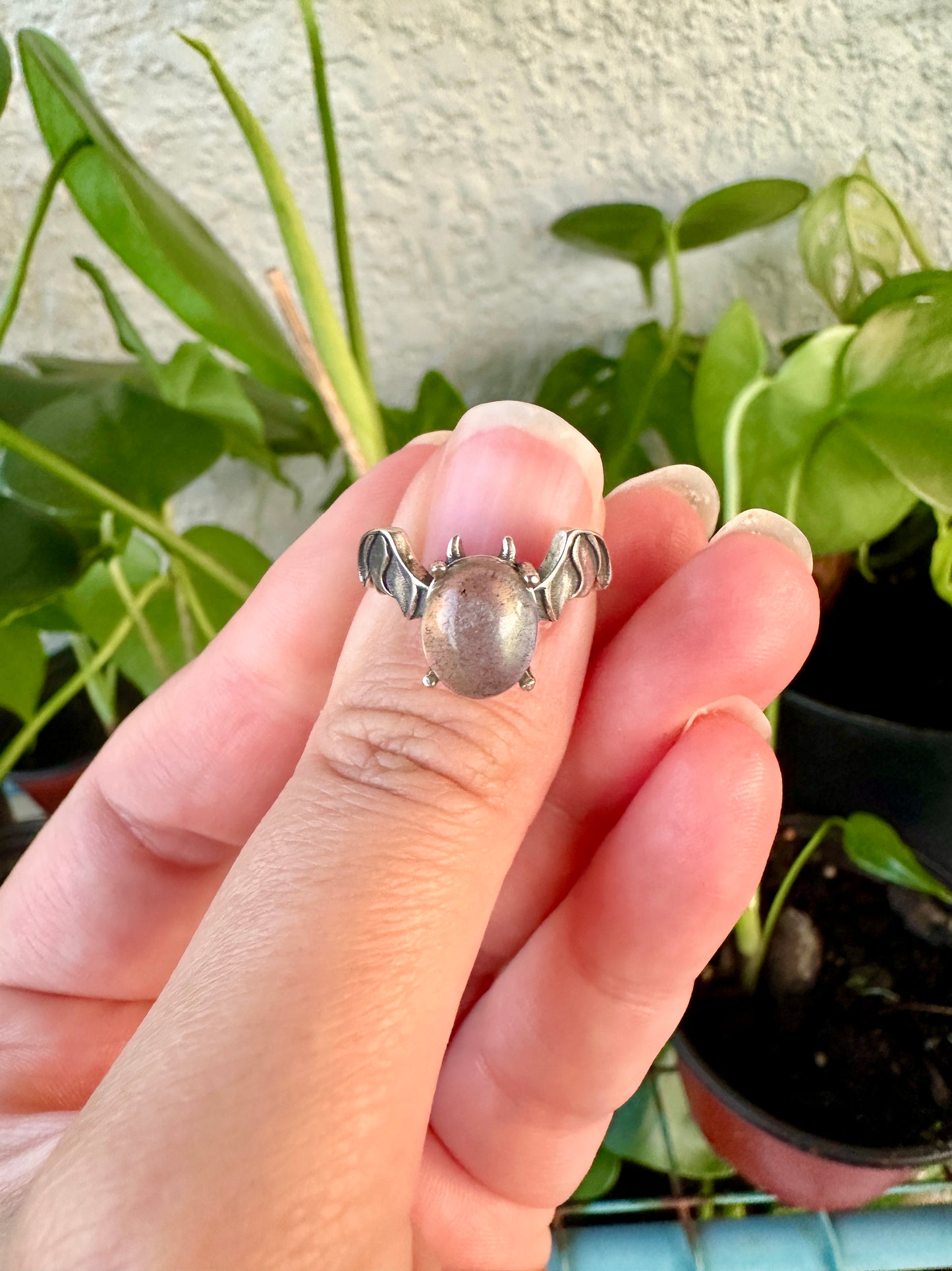 Sterling Silver Faceted Moonstone Adjustable Bat Ring – Gothic Bat Jewelry, Witchy Crystal Ring, Halloween Accessory, Moonstone Gift for Her