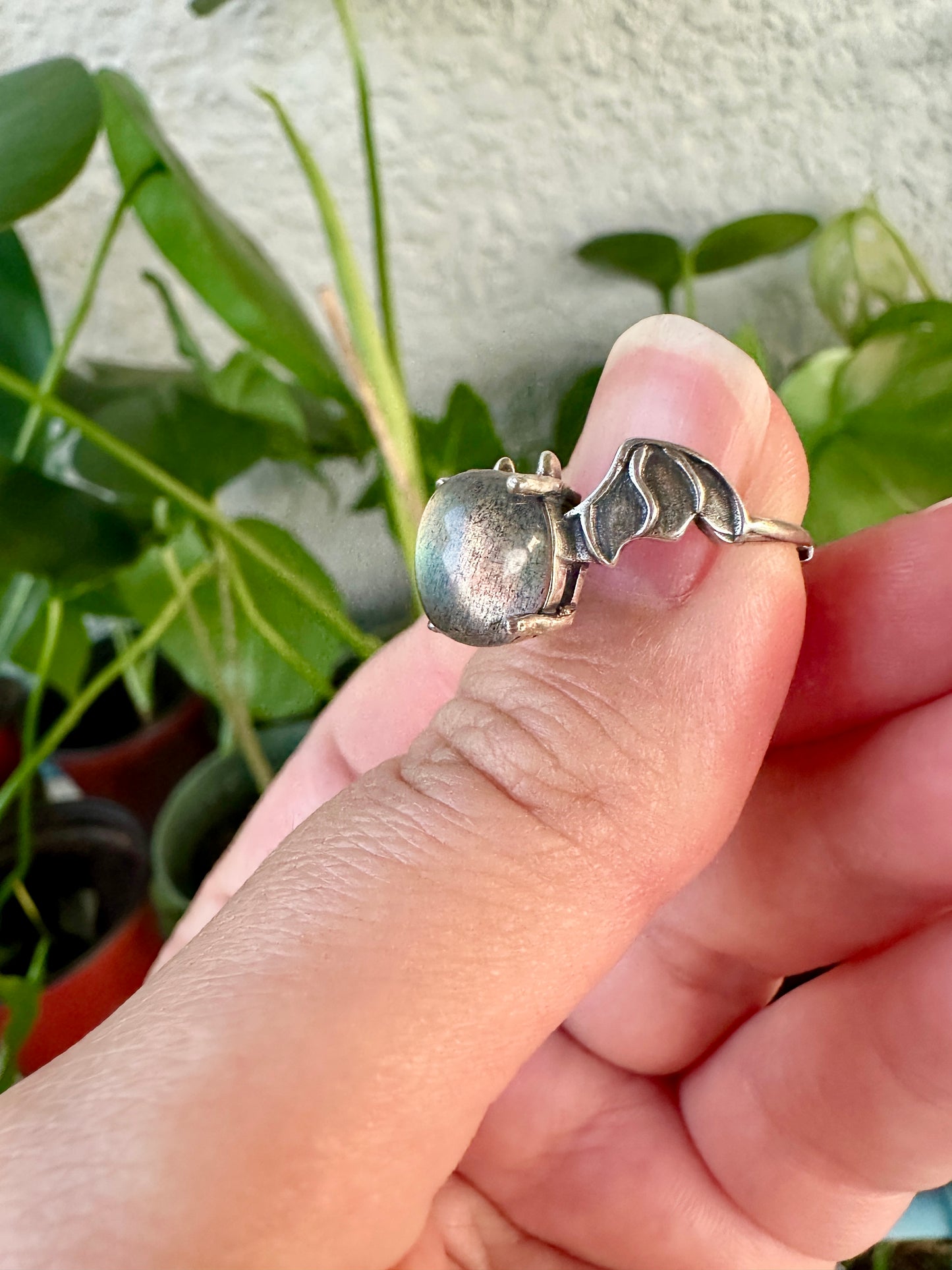 Sterling Silver Faceted Moonstone Adjustable Bat Ring – Gothic Bat Jewelry, Witchy Crystal Ring, Halloween Accessory, Moonstone Gift for Her