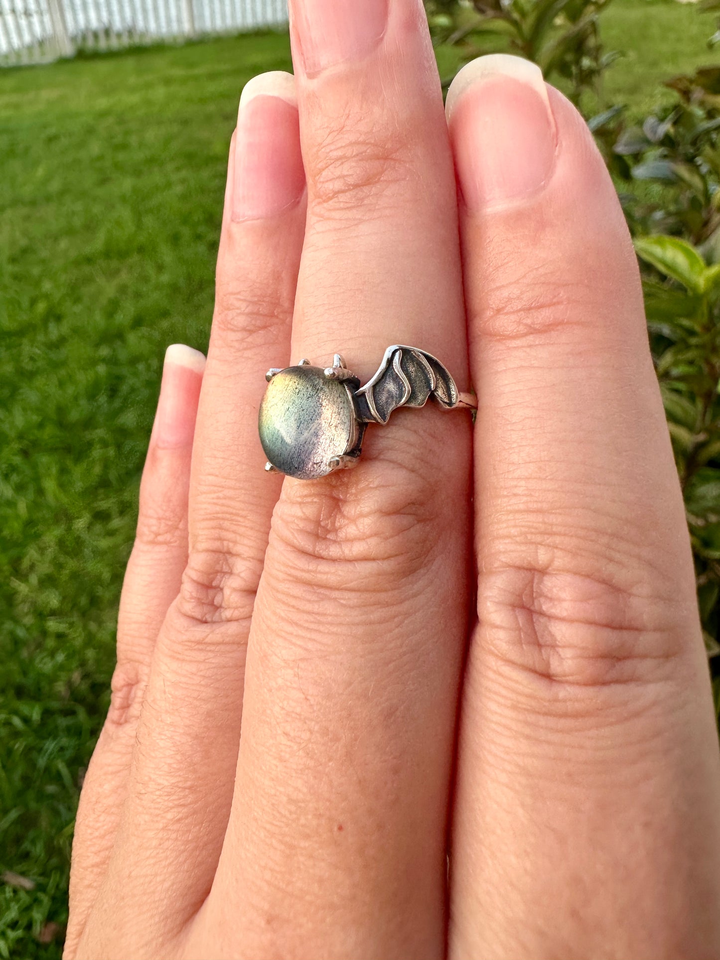 Sterling Silver Faceted Moonstone Adjustable Bat Ring – Gothic Bat Jewelry, Witchy Crystal Ring, Halloween Accessory, Moonstone Gift for Her