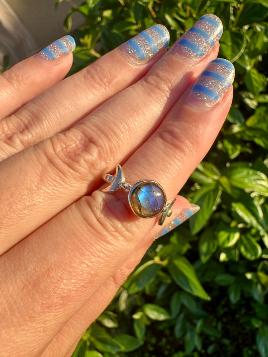 Labradorite Triple Moon Goddess Ring Size 7 - Mystical Silver Jewelry for Lunar Lovers and Wiccan Enthusiasts, Perfect for Spiritual Empowerment