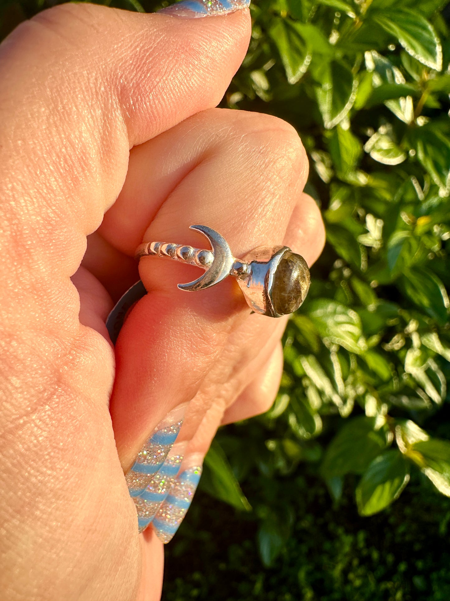 Labradorite Triple Moon Goddess Ring Size 7 - Mystical Silver Jewelry for Lunar Lovers and Wiccan Enthusiasts, Perfect for Spiritual Empowerment