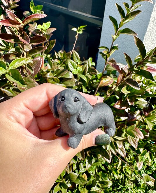 Black Obsidian Dachshund Dog Figurine, Unique Gemstone Dog Statue, Healing Crystal Doxie Sculpture, Perfect Pet Lover Gift