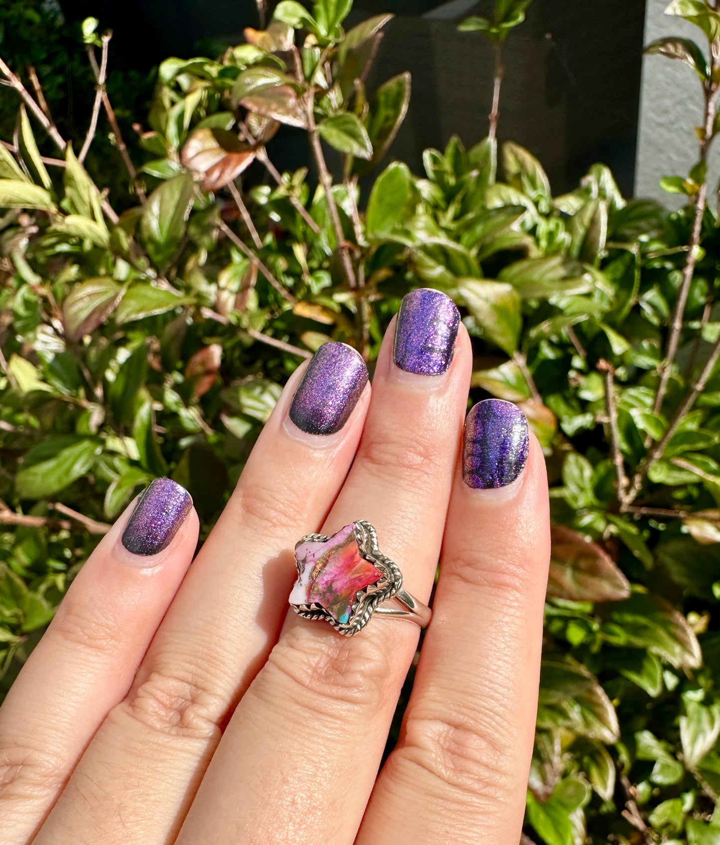 Star-Shaped Pink Dahlia Turquoise Sterling Silver Ring Size 8, Unique Boho Gemstone Ring, Handcrafted Statement Ring, Natural Stone Jewelry Gift