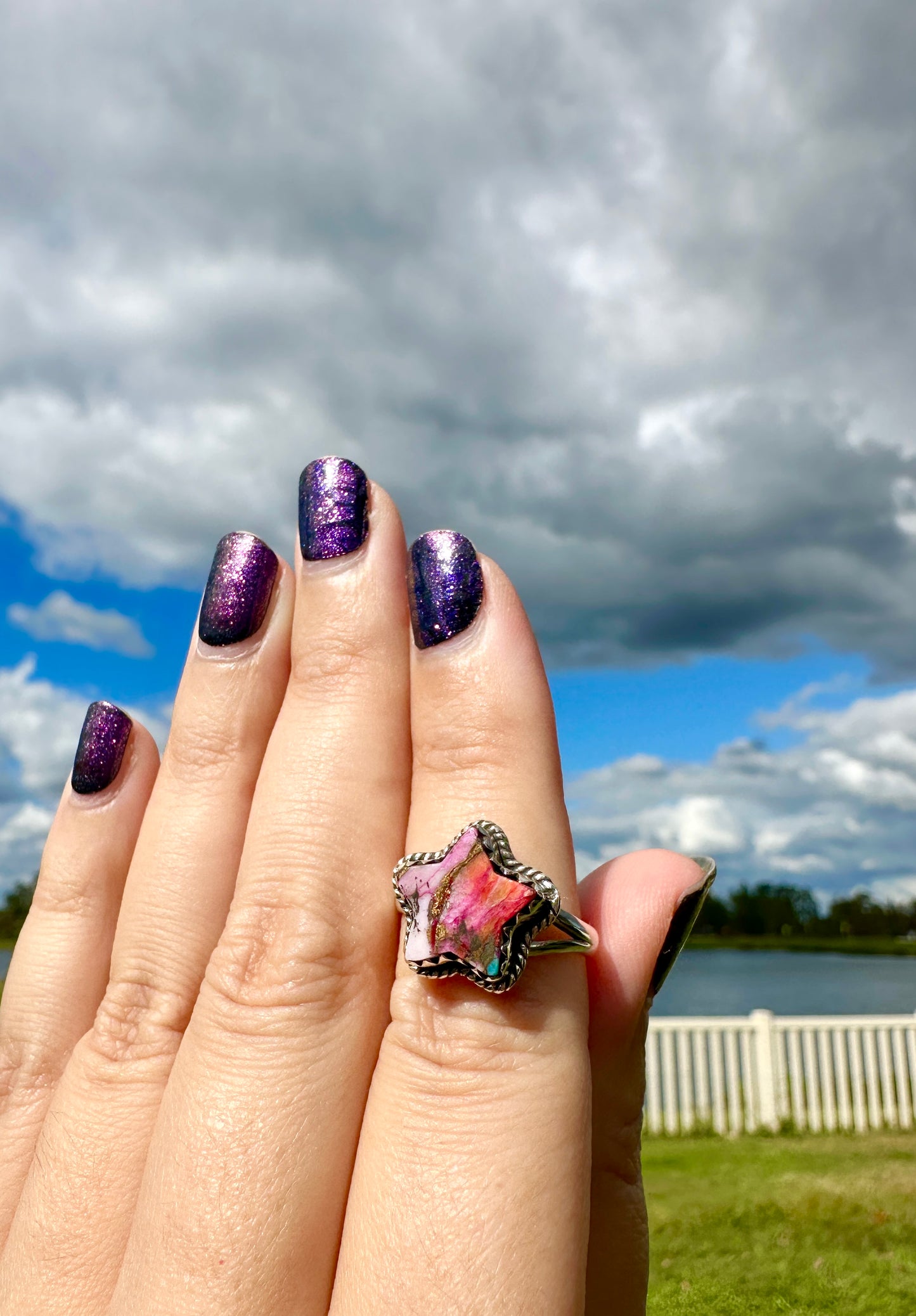 Star-Shaped Pink Dahlia Turquoise Sterling Silver Ring Size 8, Unique Boho Gemstone Ring, Handcrafted Statement Ring, Natural Stone Jewelry Gift